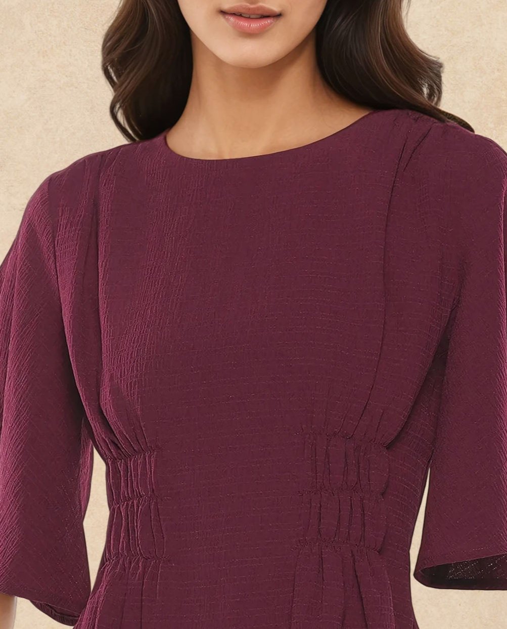 Rareism Women Drib Dark Red Bell Sleeves Round Neck Zipper Closure Plain Top