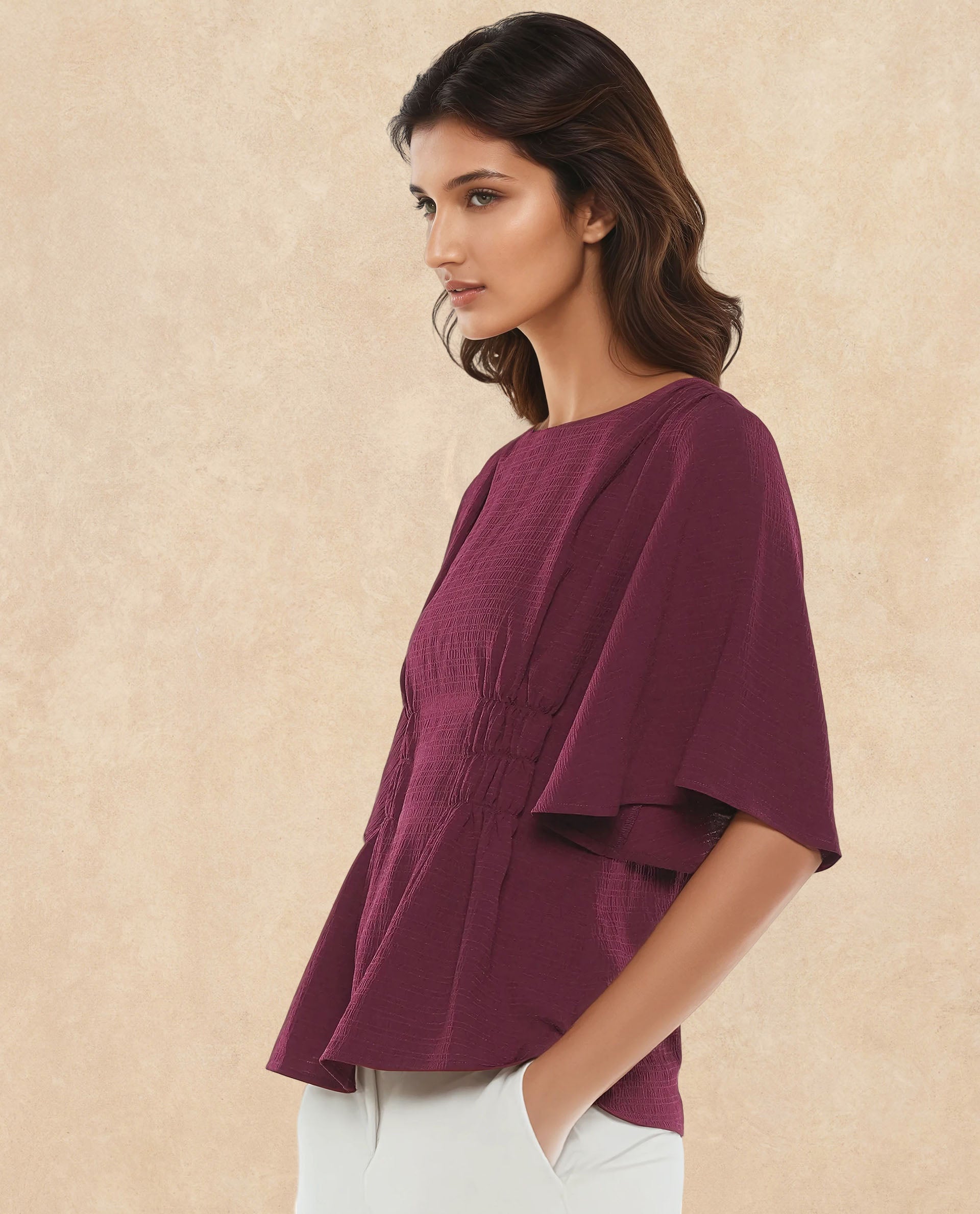 Rareism Women Drib Dark Red Bell Sleeves Round Neck Zipper Closure Plain Top