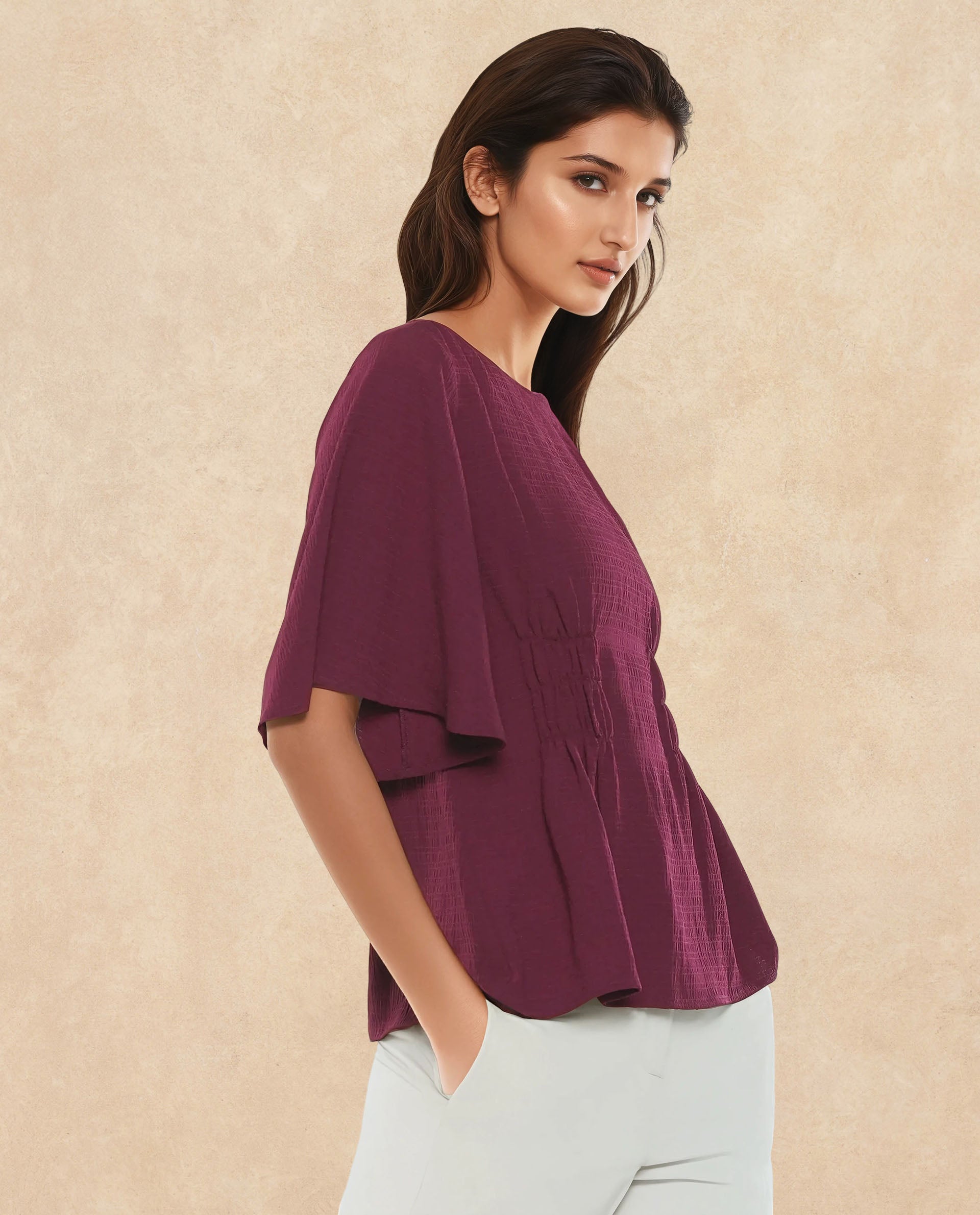 Rareism Women Drib Dark Red Bell Sleeves Round Neck Zipper Closure Plain Top