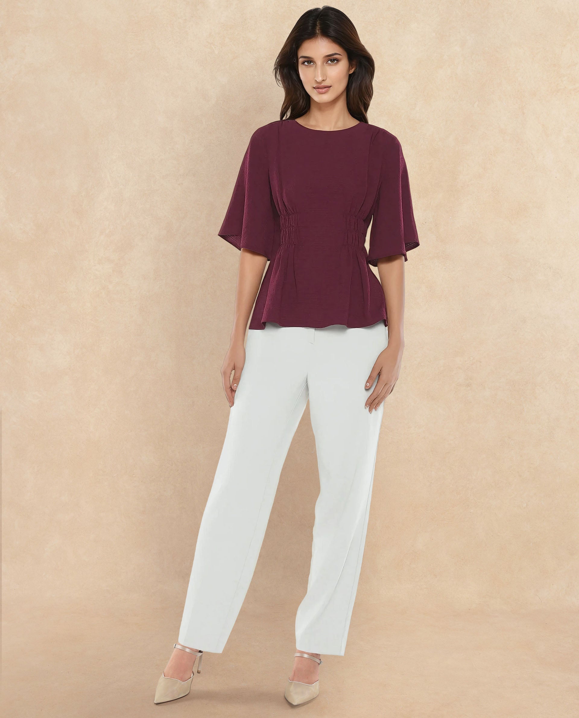 Rareism Women Drib Dark Red Bell Sleeves Round Neck Zipper Closure Plain Top