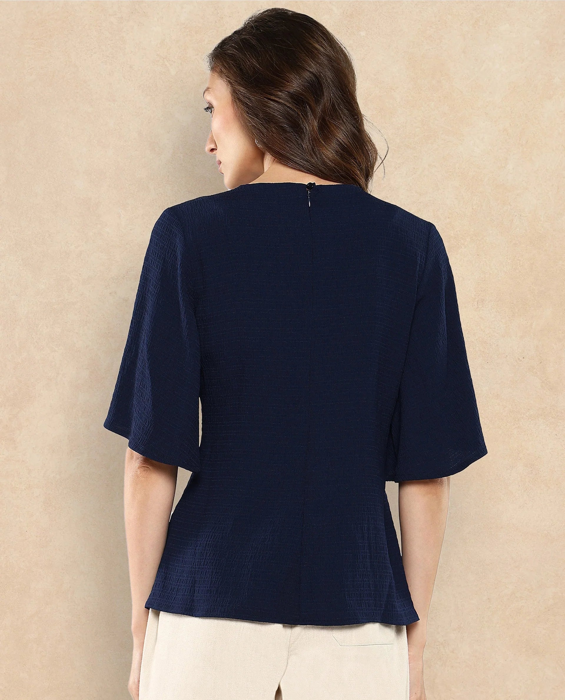 Rareism Women Dring Navy Bell Sleeves Round Neck Zipper Closure Plain Top