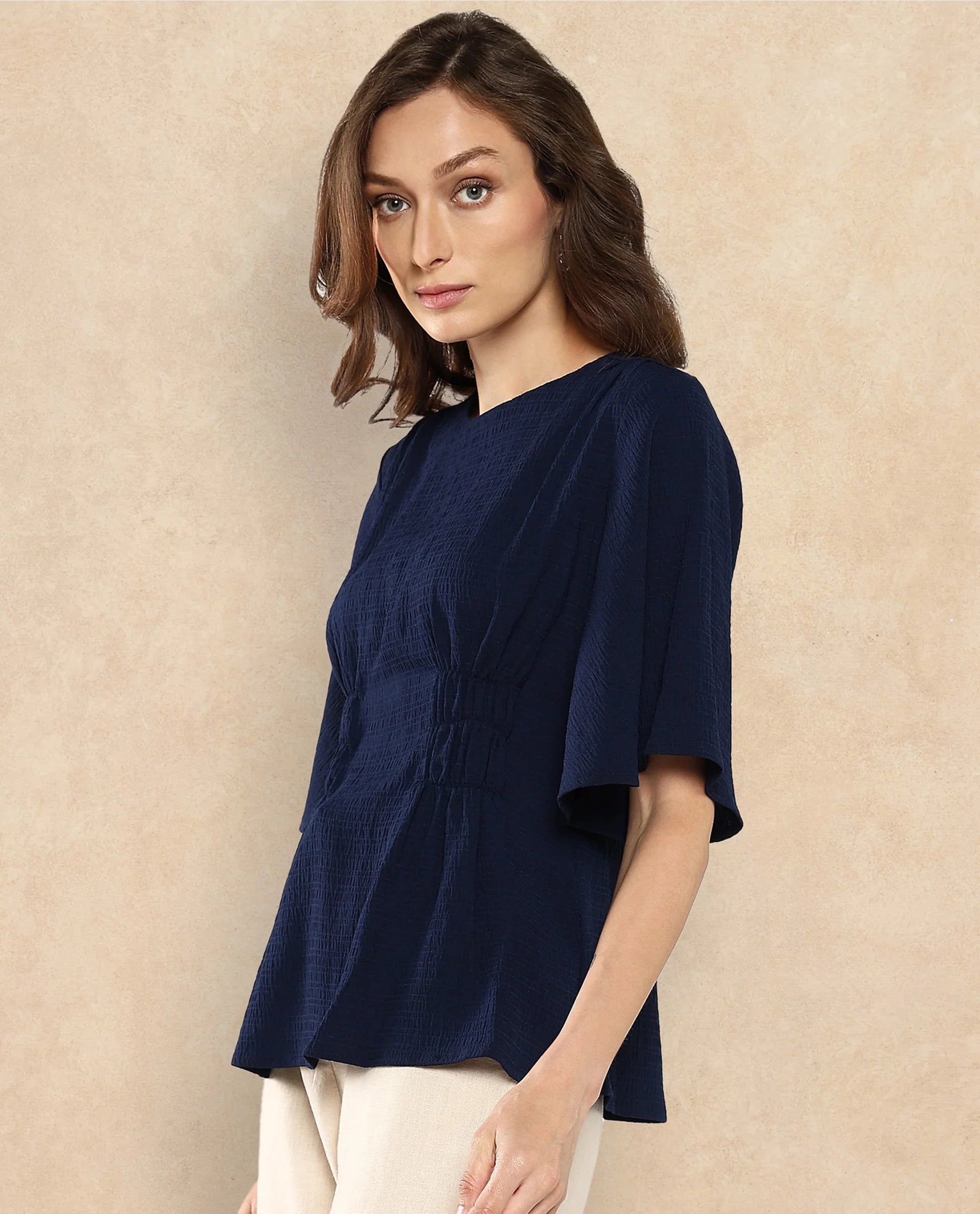 Rareism Women Dring Navy Bell Sleeves Round Neck Zipper Closure Plain Top