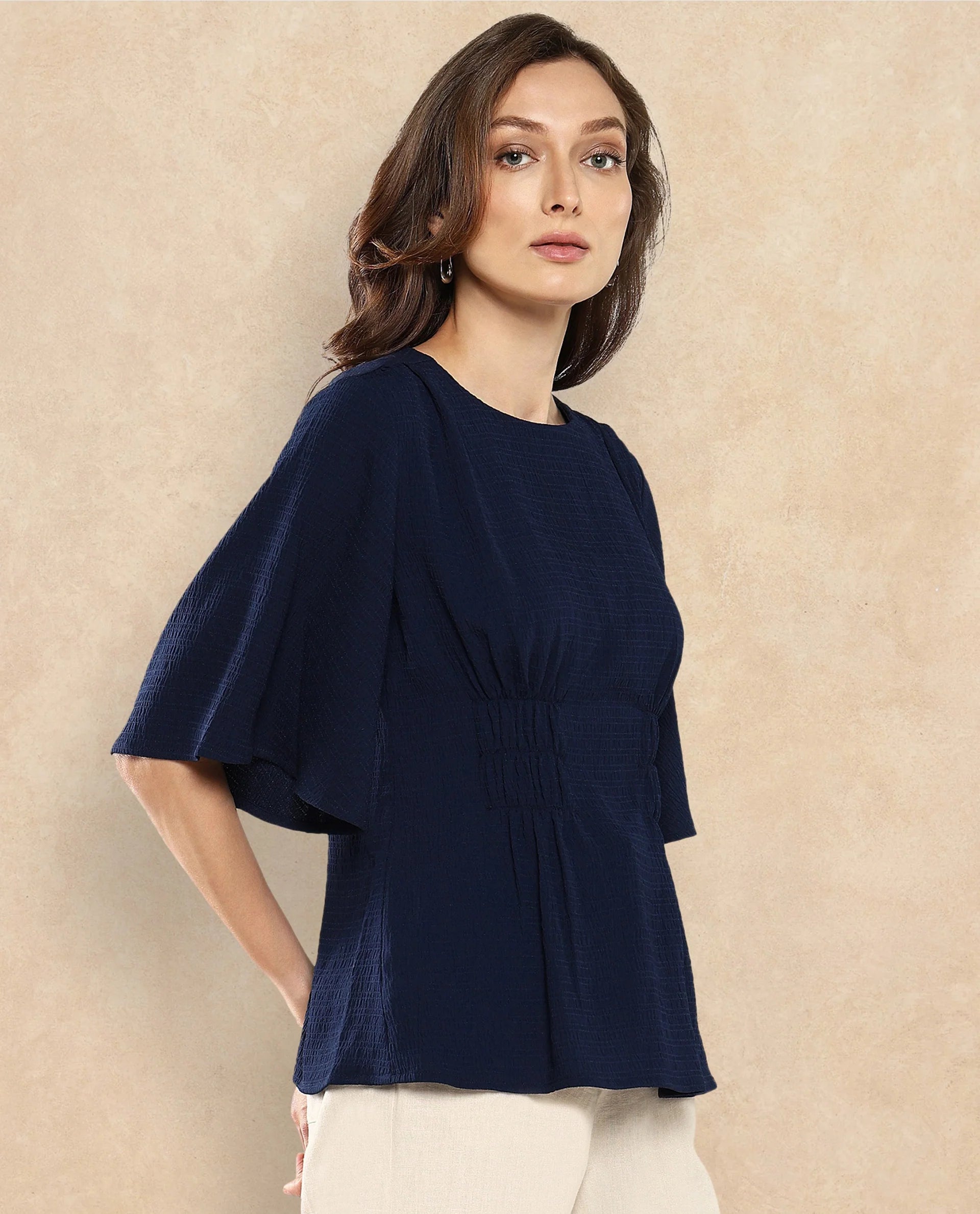 Rareism Women Dring Navy Bell Sleeves Round Neck Zipper Closure Plain Top