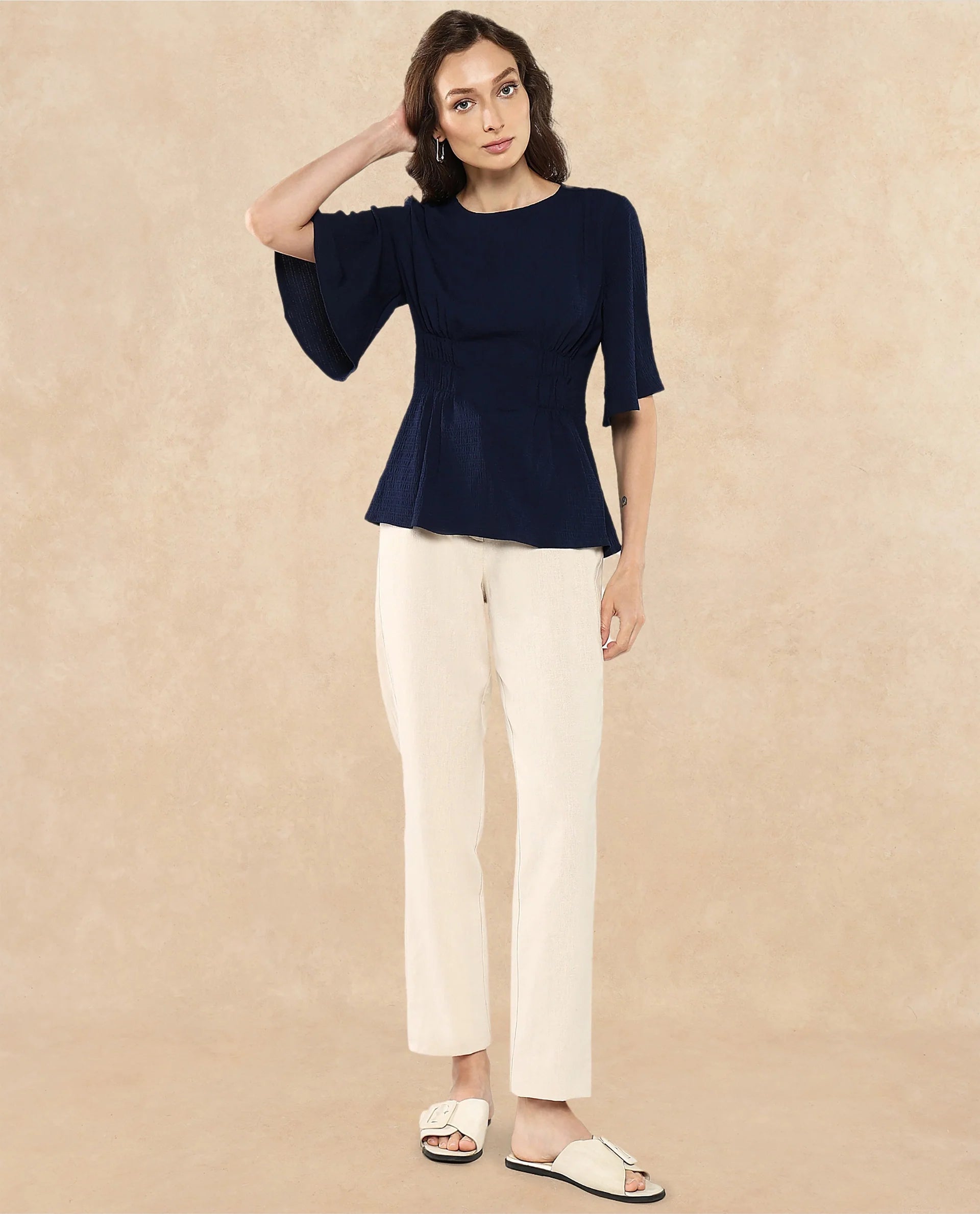 Rareism Women Dring Navy Bell Sleeves Round Neck Zipper Closure Plain Top