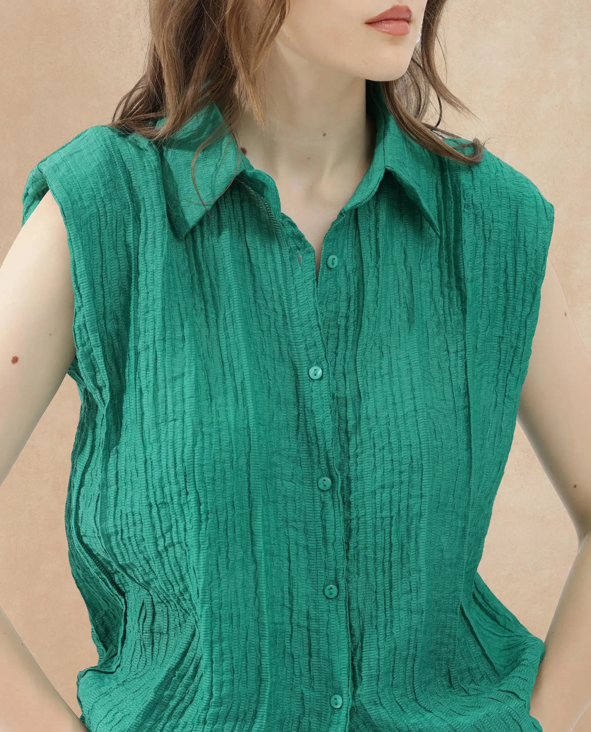 Rareism Women Drummy Green Rayon Nylon Fabric Sleeveless Collared Neck Solid Regular Length Top