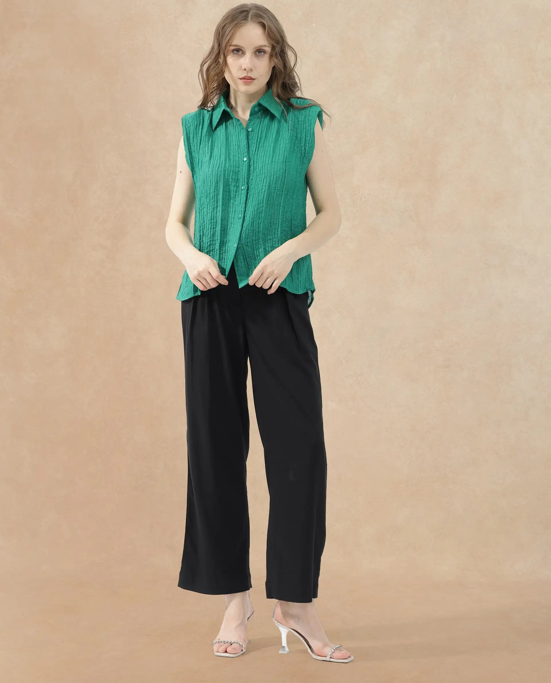 Rareism Women Drummy Green Rayon Nylon Fabric Sleeveless Collared Neck Solid Regular Length Top