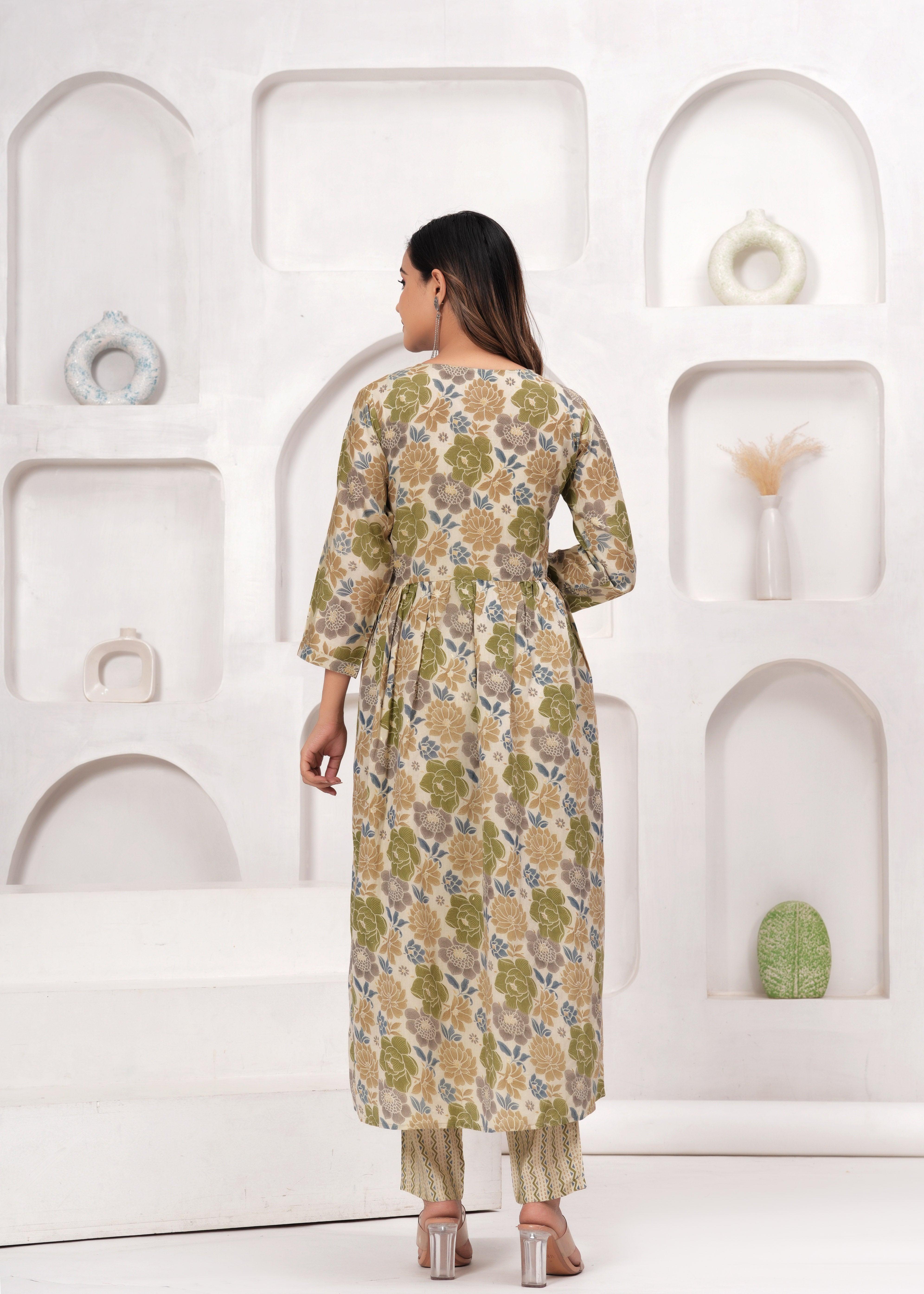 Floral Printed Muslin Alia Cut Suit Set with Slate Blue Chiffon Dupatta