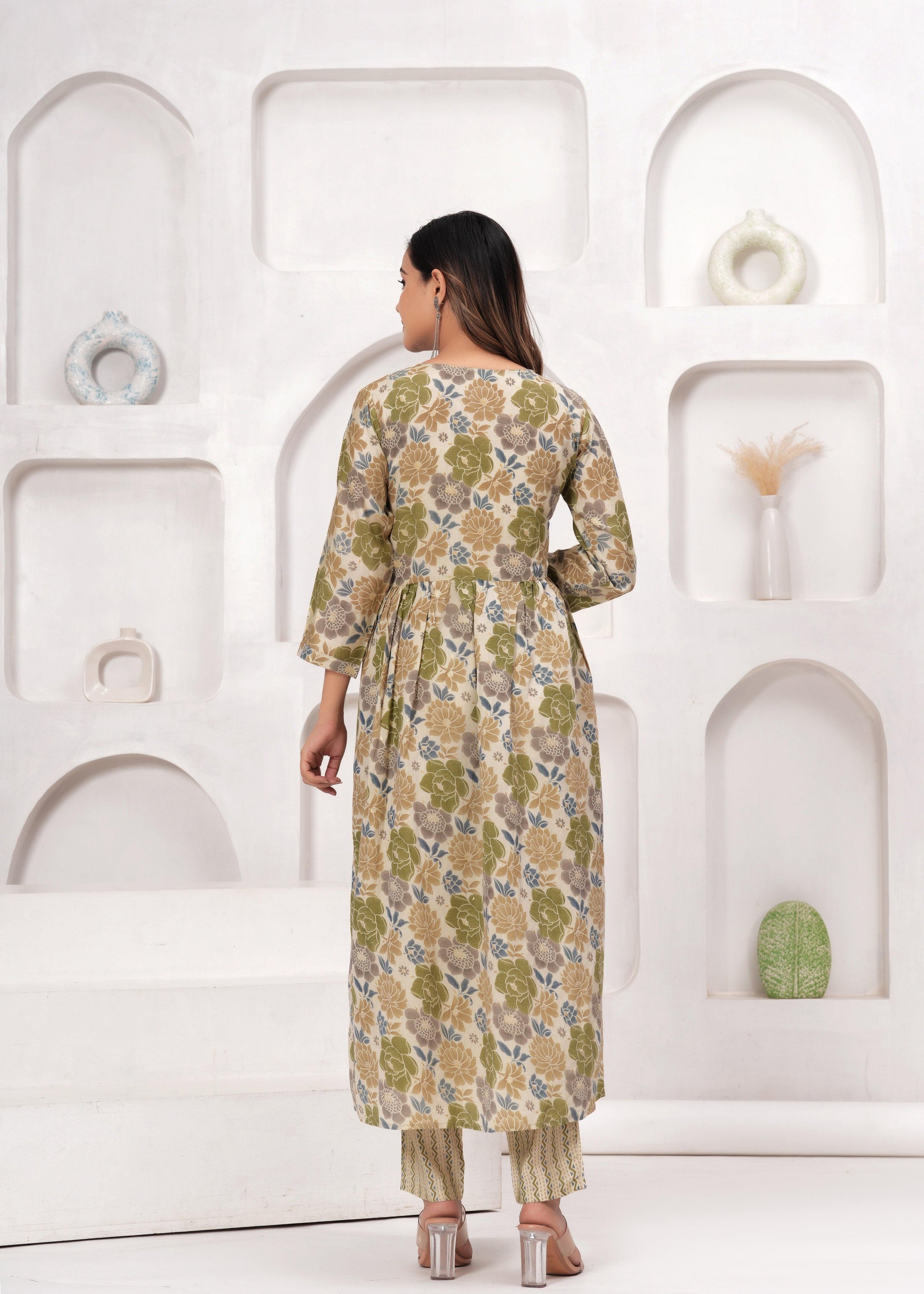 Floral Printed Muslin Alia Cut Suit Set with Slate Blue Chiffon Dupatta