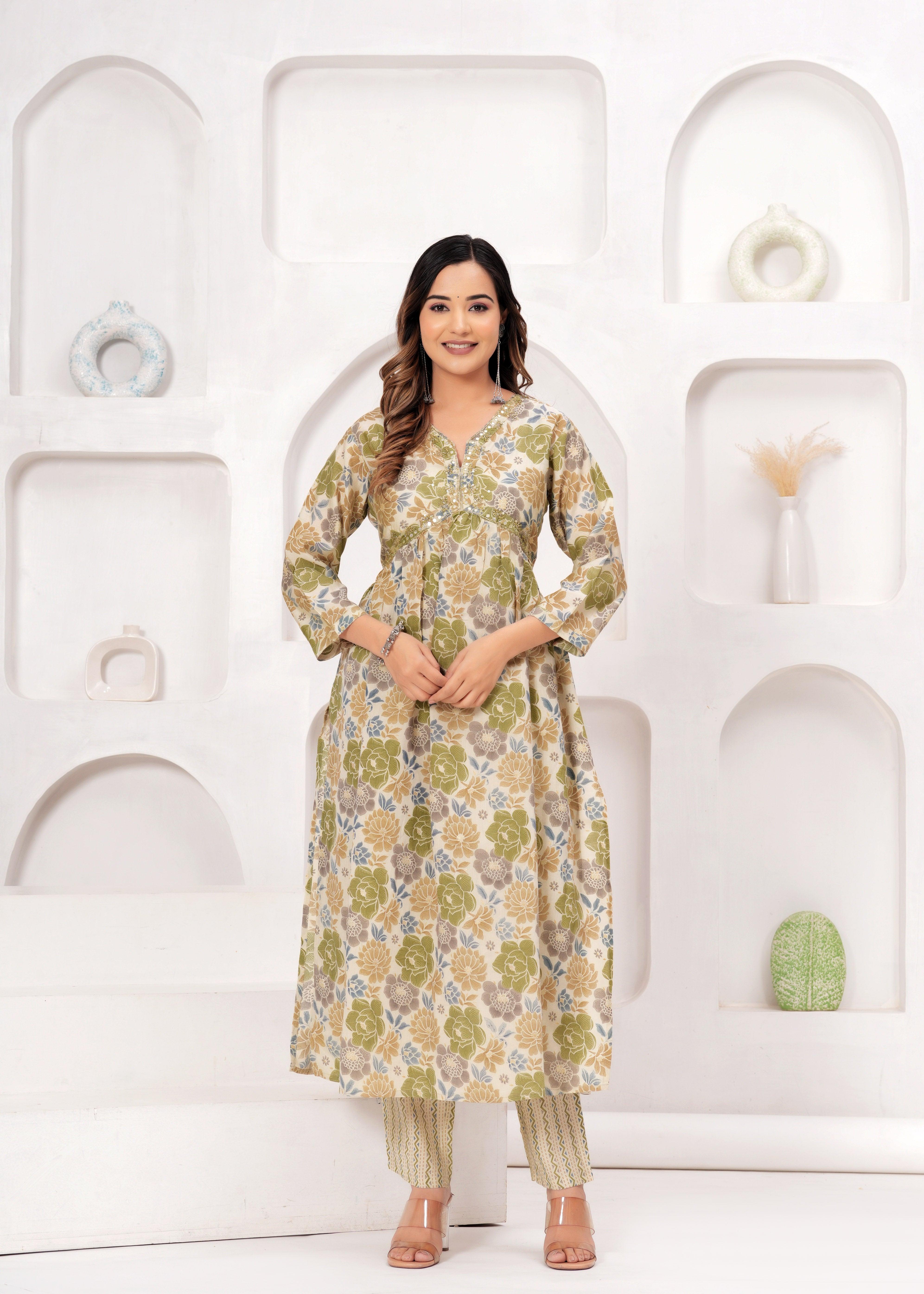 Floral Printed Muslin Alia Cut Suit Set with Slate Blue Chiffon Dupatta