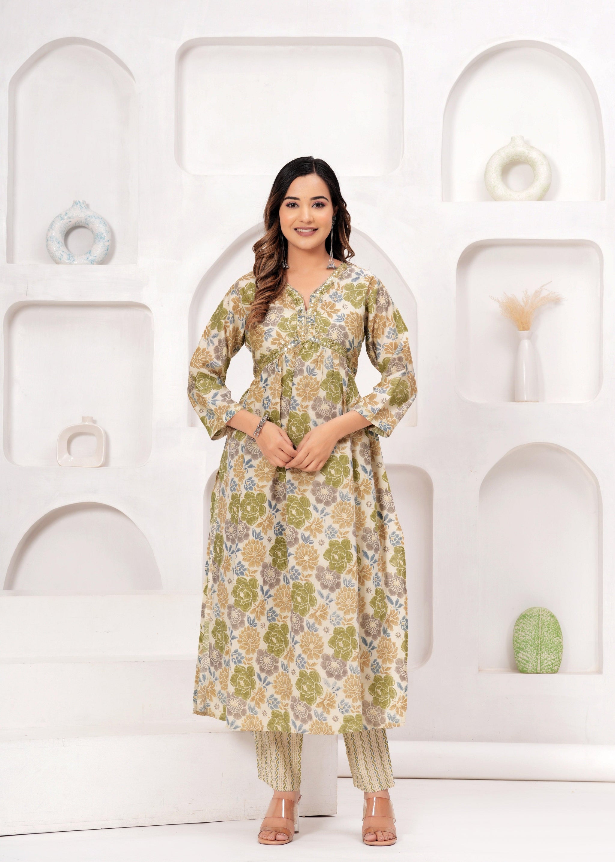 Floral Printed Muslin Alia Cut Suit Set with Slate Blue Chiffon Dupatta