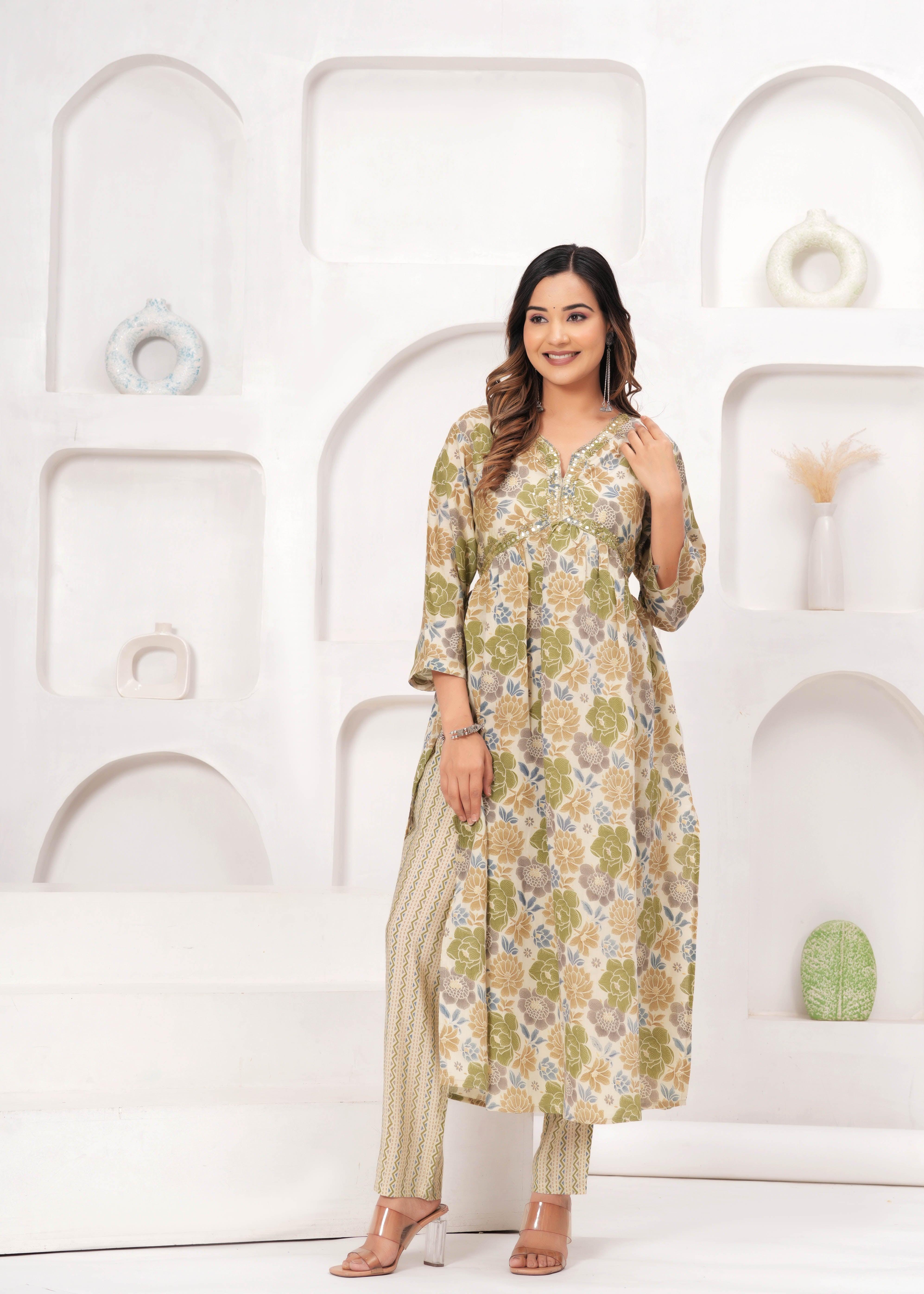 Floral Printed Muslin Alia Cut Suit Set with Slate Blue Chiffon Dupatta