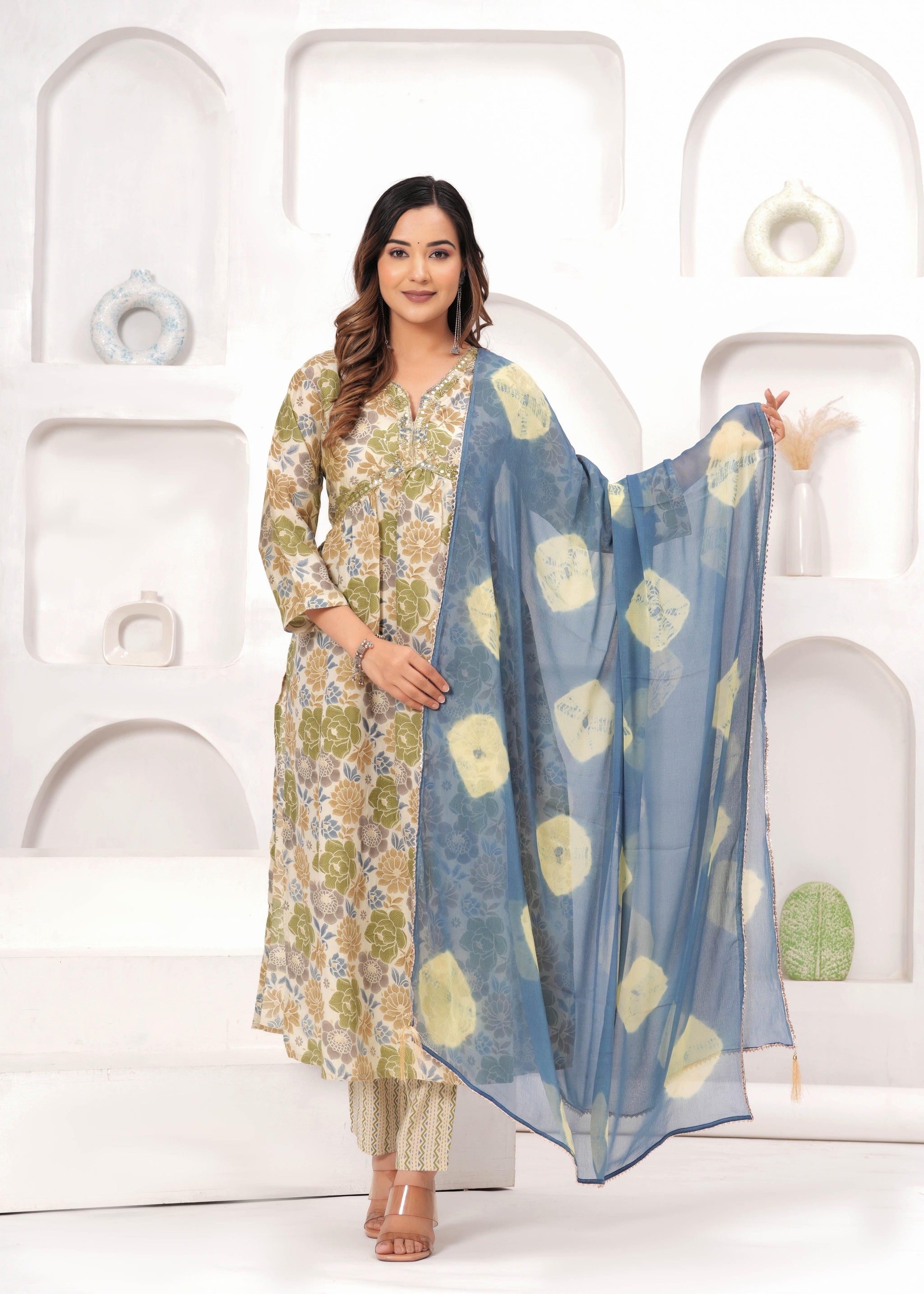 Floral Printed Muslin Alia Cut Suit Set with Slate Blue Chiffon Dupatta