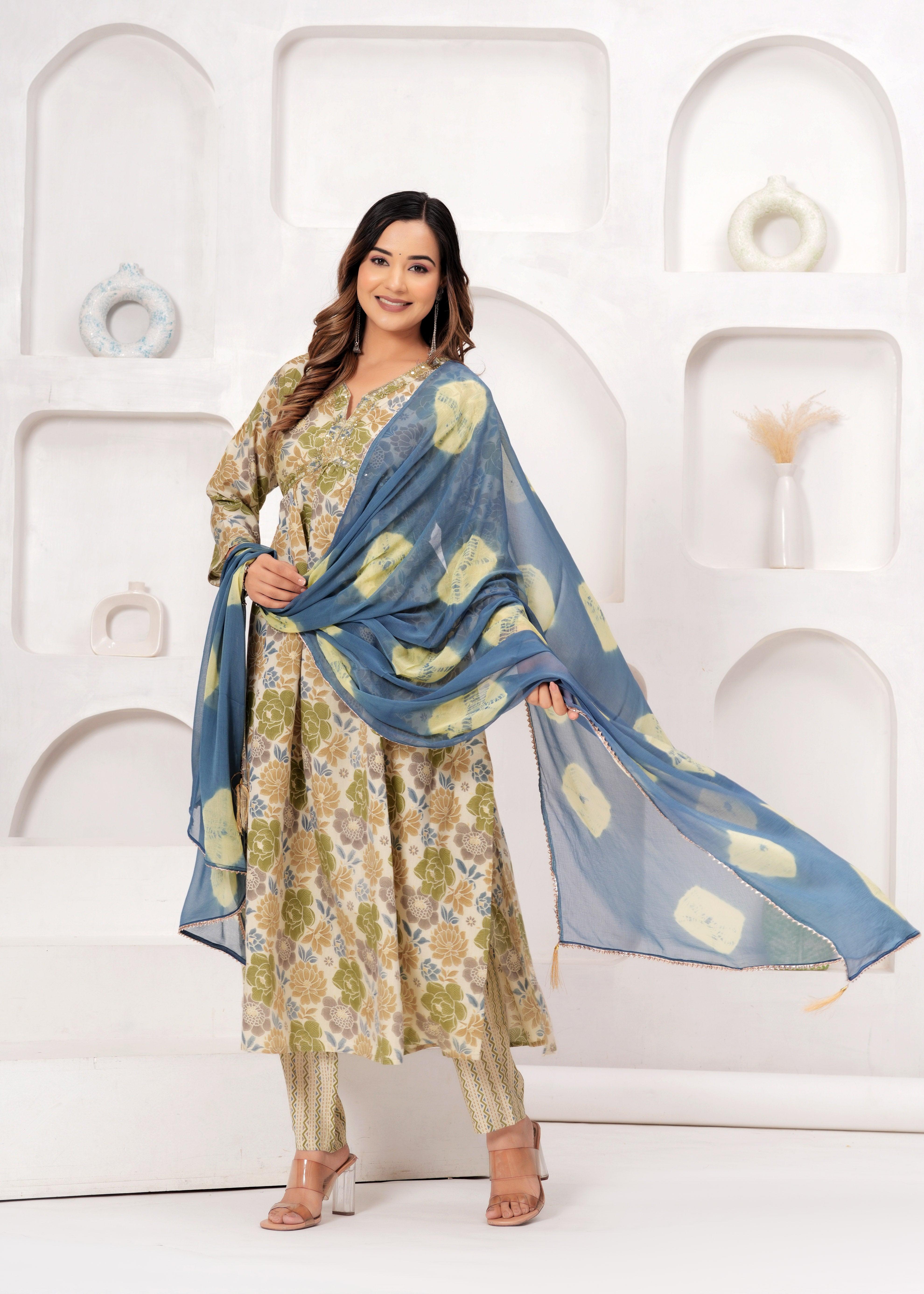 Floral Printed Muslin Alia Cut Suit Set with Slate Blue Chiffon Dupatta
