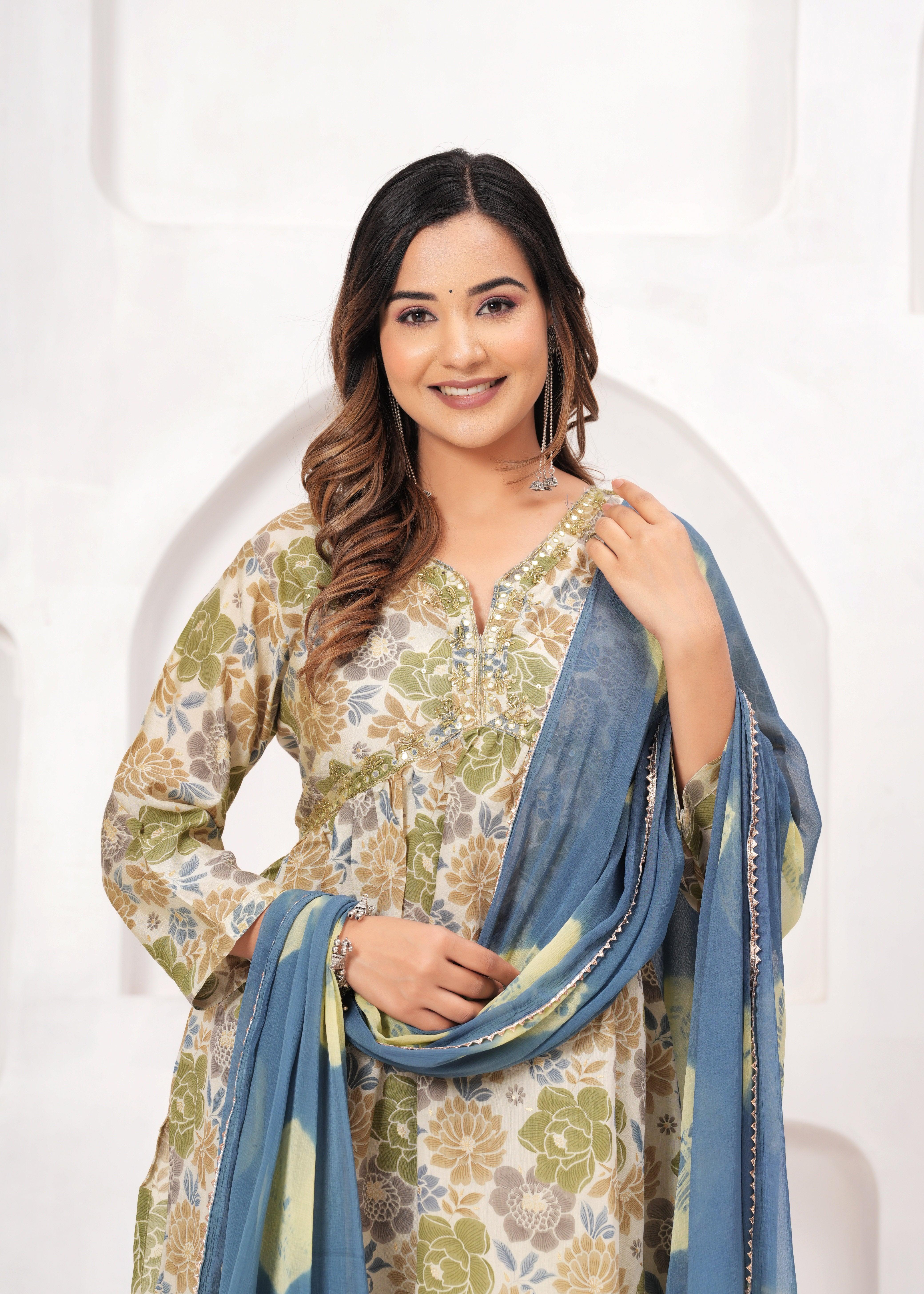 Floral Printed Muslin Alia Cut Suit Set with Slate Blue Chiffon Dupatta
