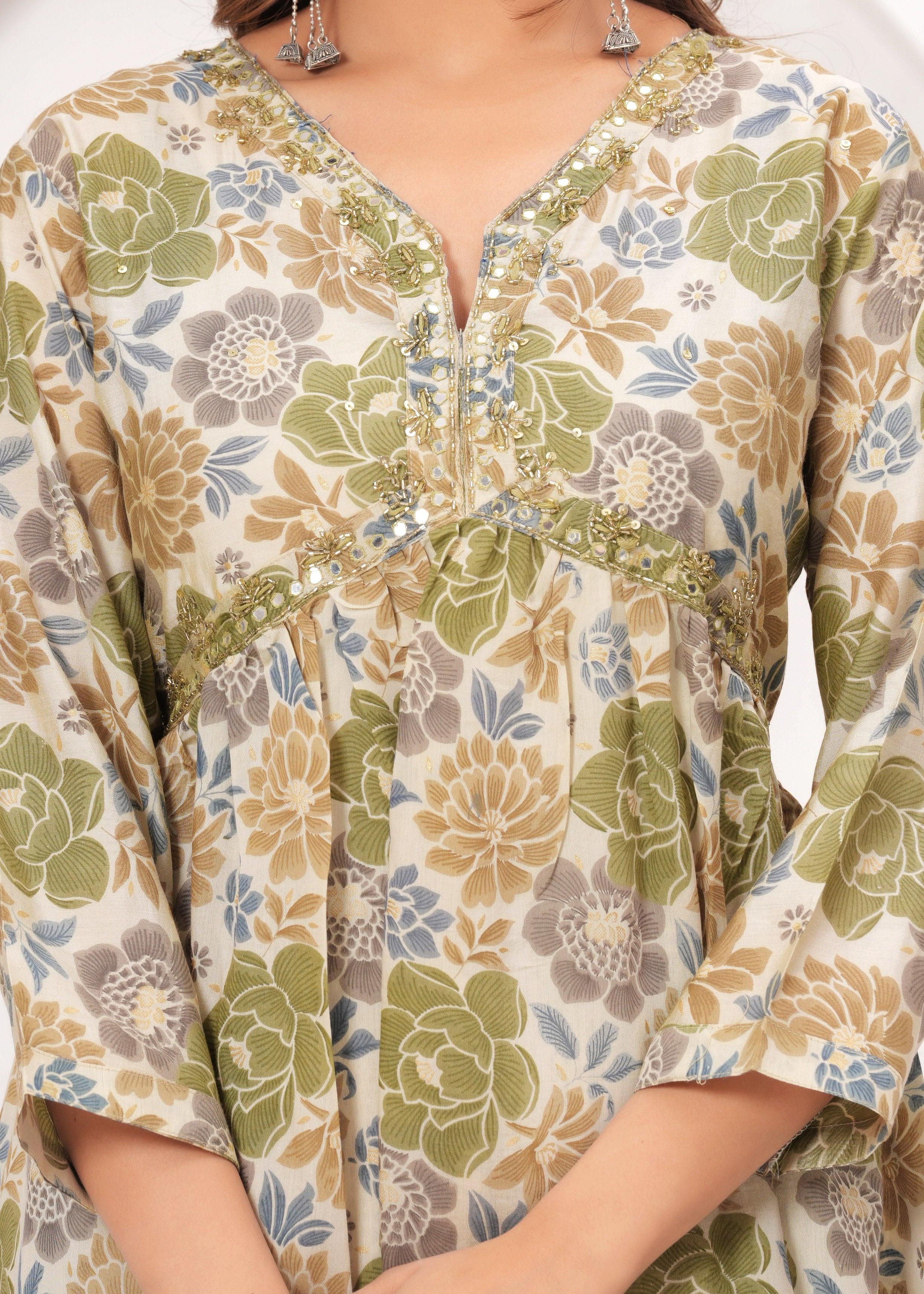 Floral Printed Muslin Alia Cut Suit Set with Slate Blue Chiffon Dupatta