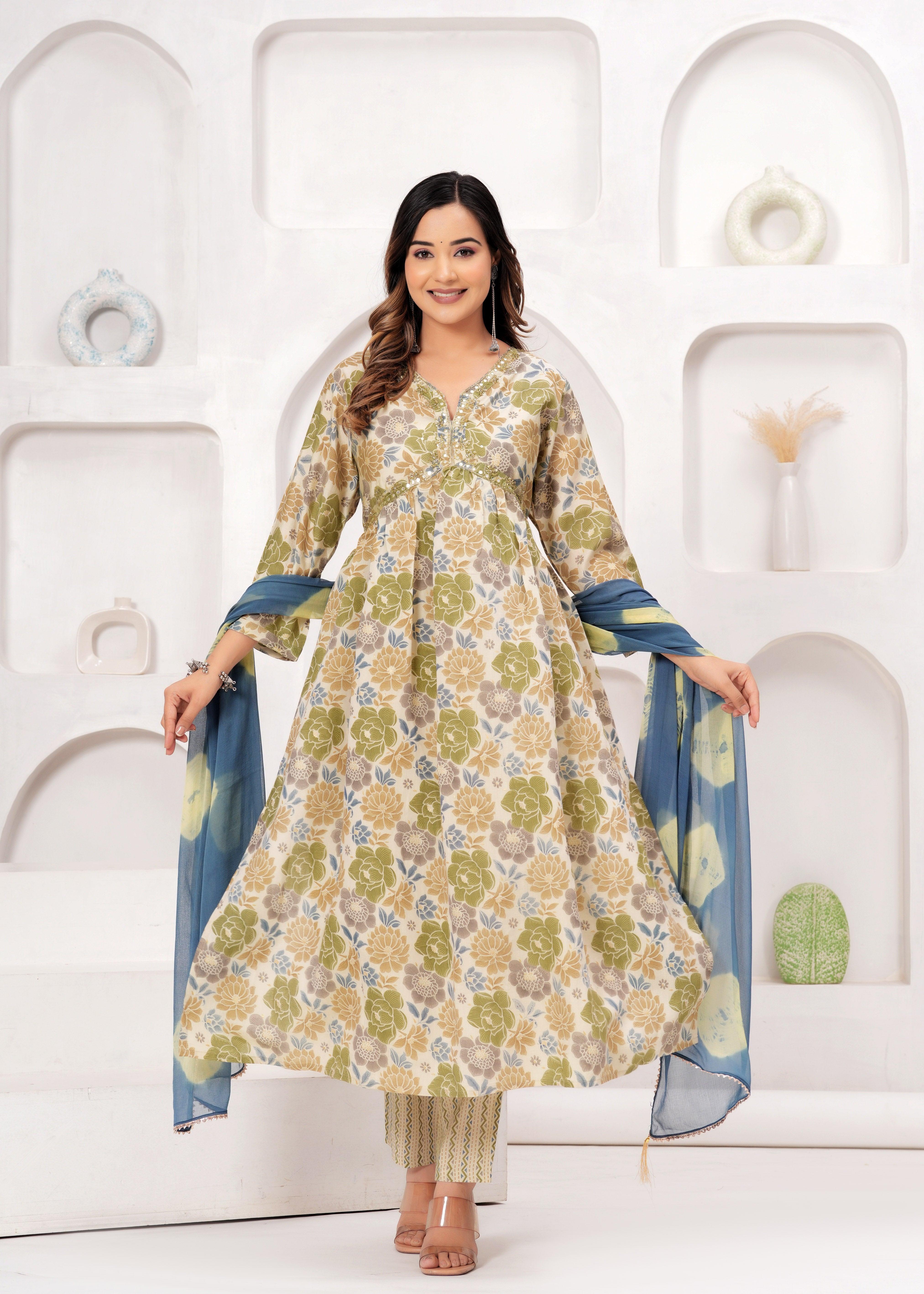 Floral Printed Muslin Alia Cut Suit Set with Slate Blue Chiffon Dupatta