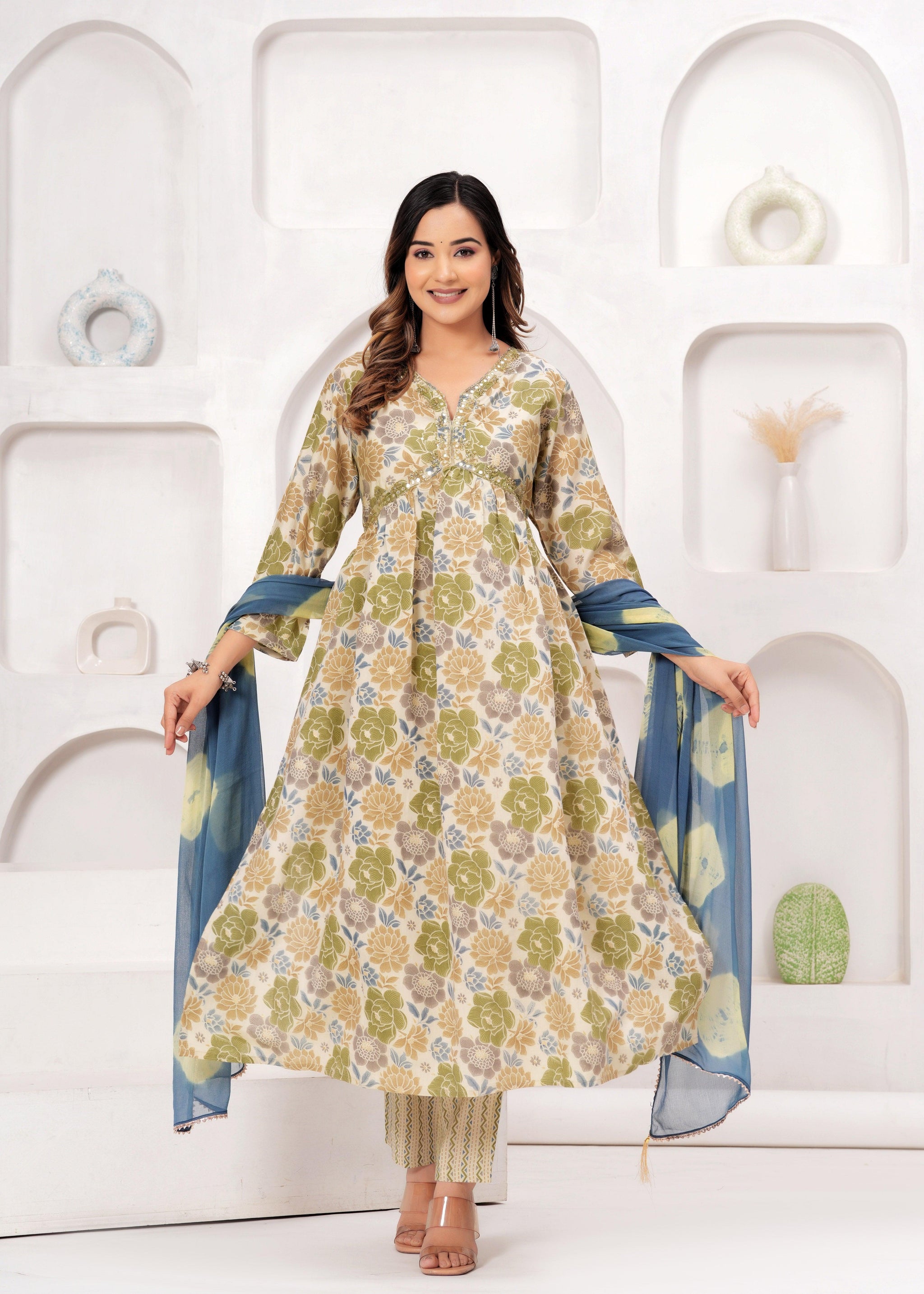 Floral Printed Muslin Alia Cut Suit Set with Slate Blue Chiffon Dupatta