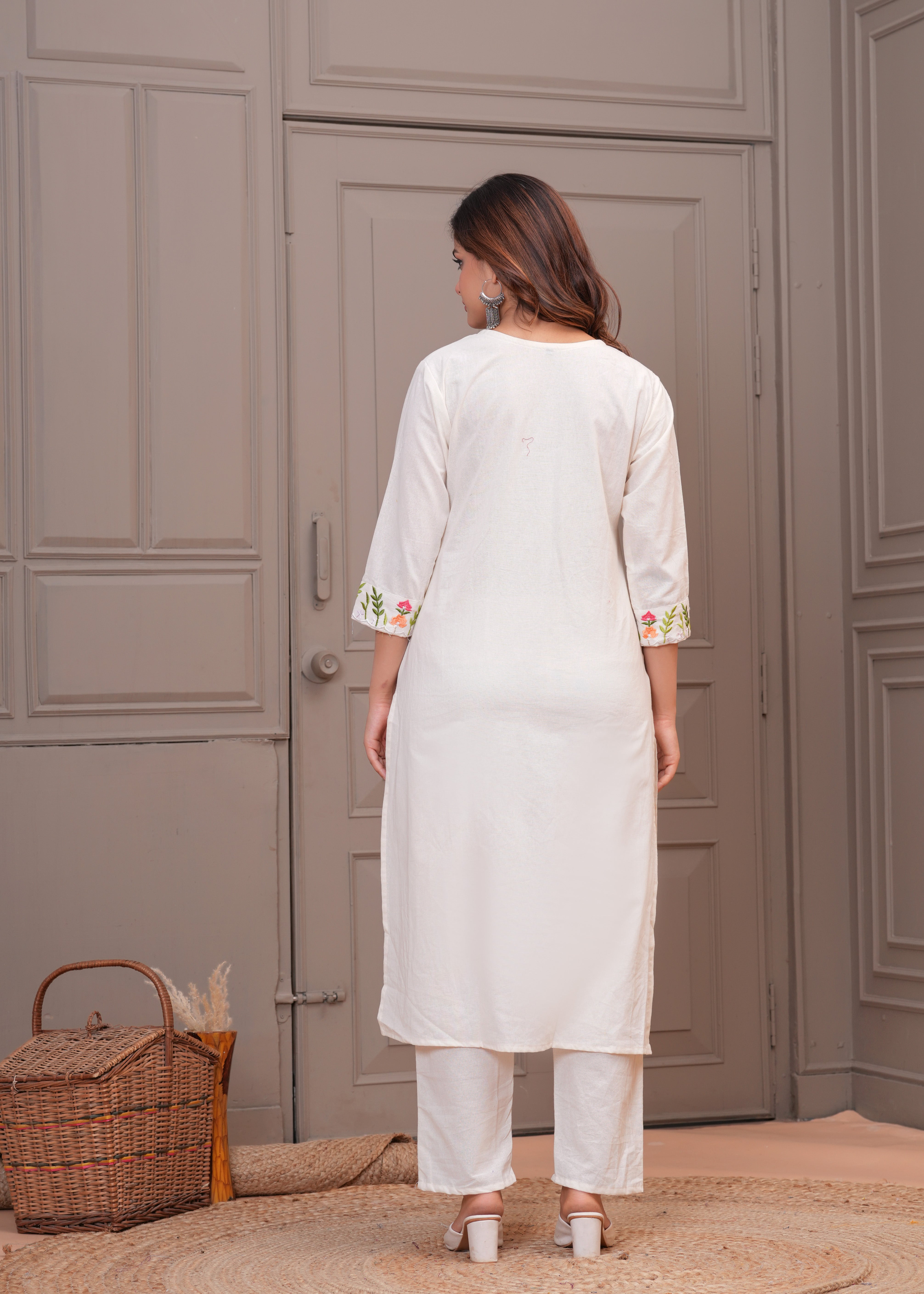 Off White Embroidered Cotton Kurta and Pant Set