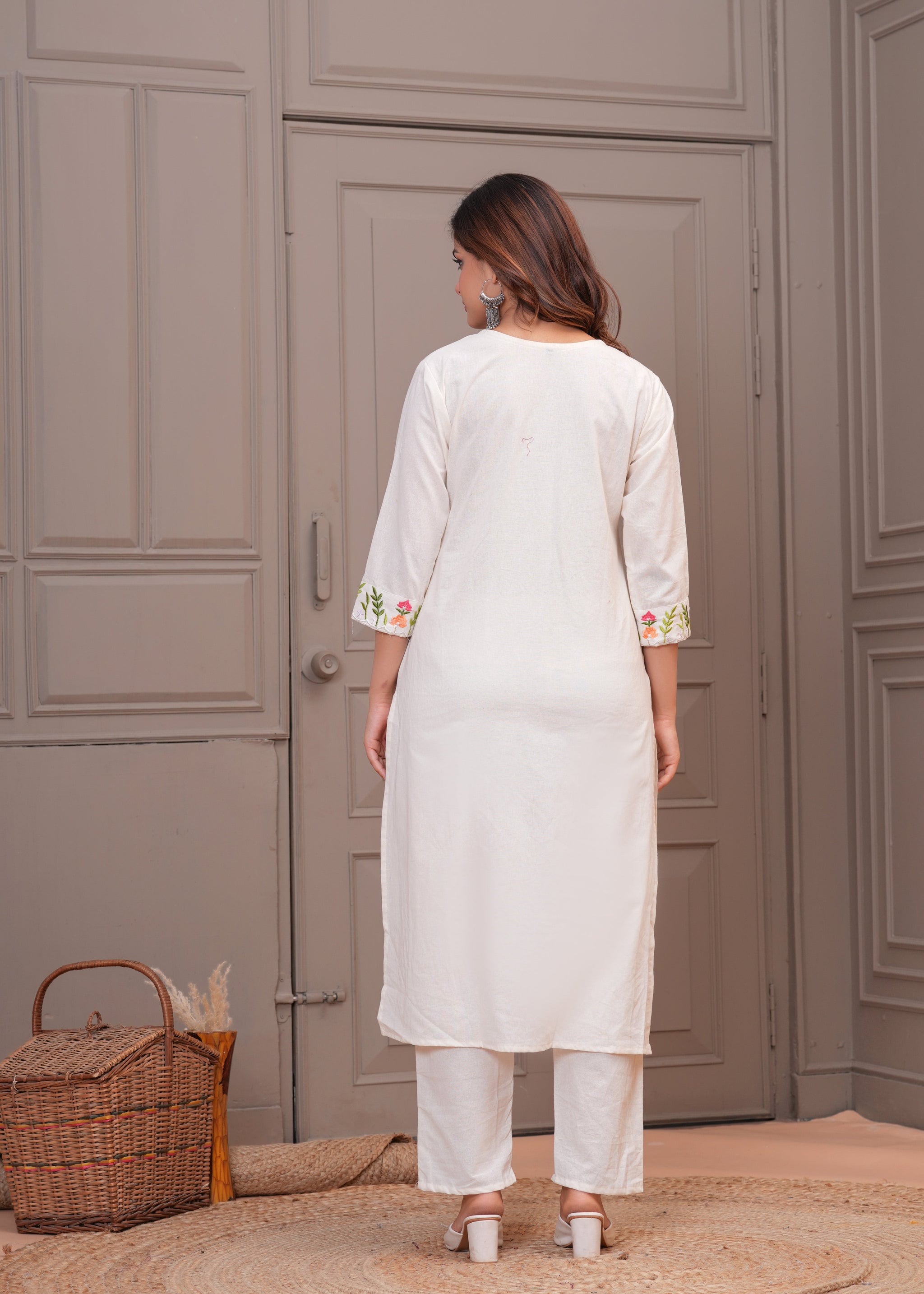 Off White Embroidered Cotton Kurta and Pant Set