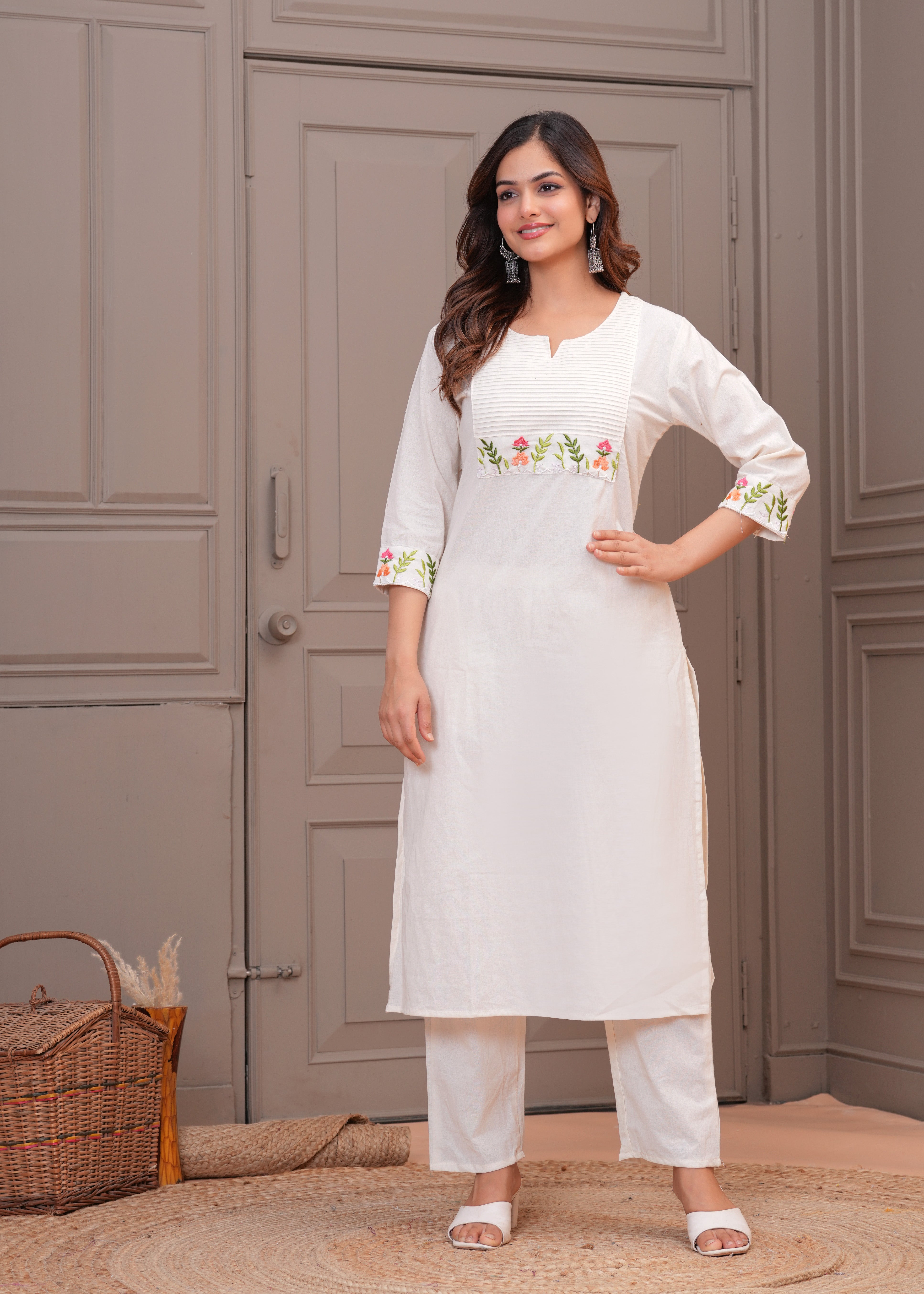 Off White Embroidered Cotton Kurta and Pant Set