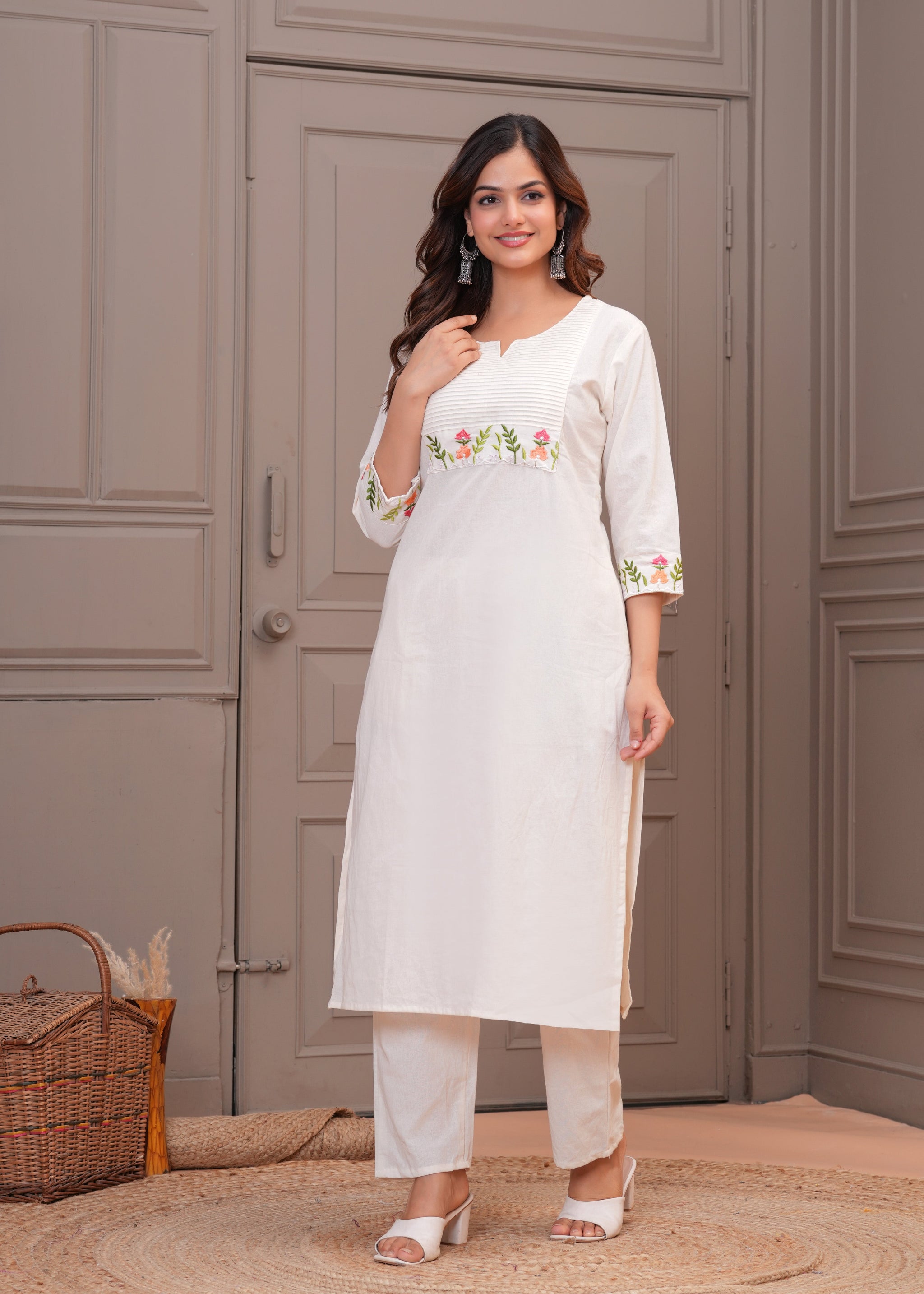 Off White Embroidered Cotton Kurta and Pant Set