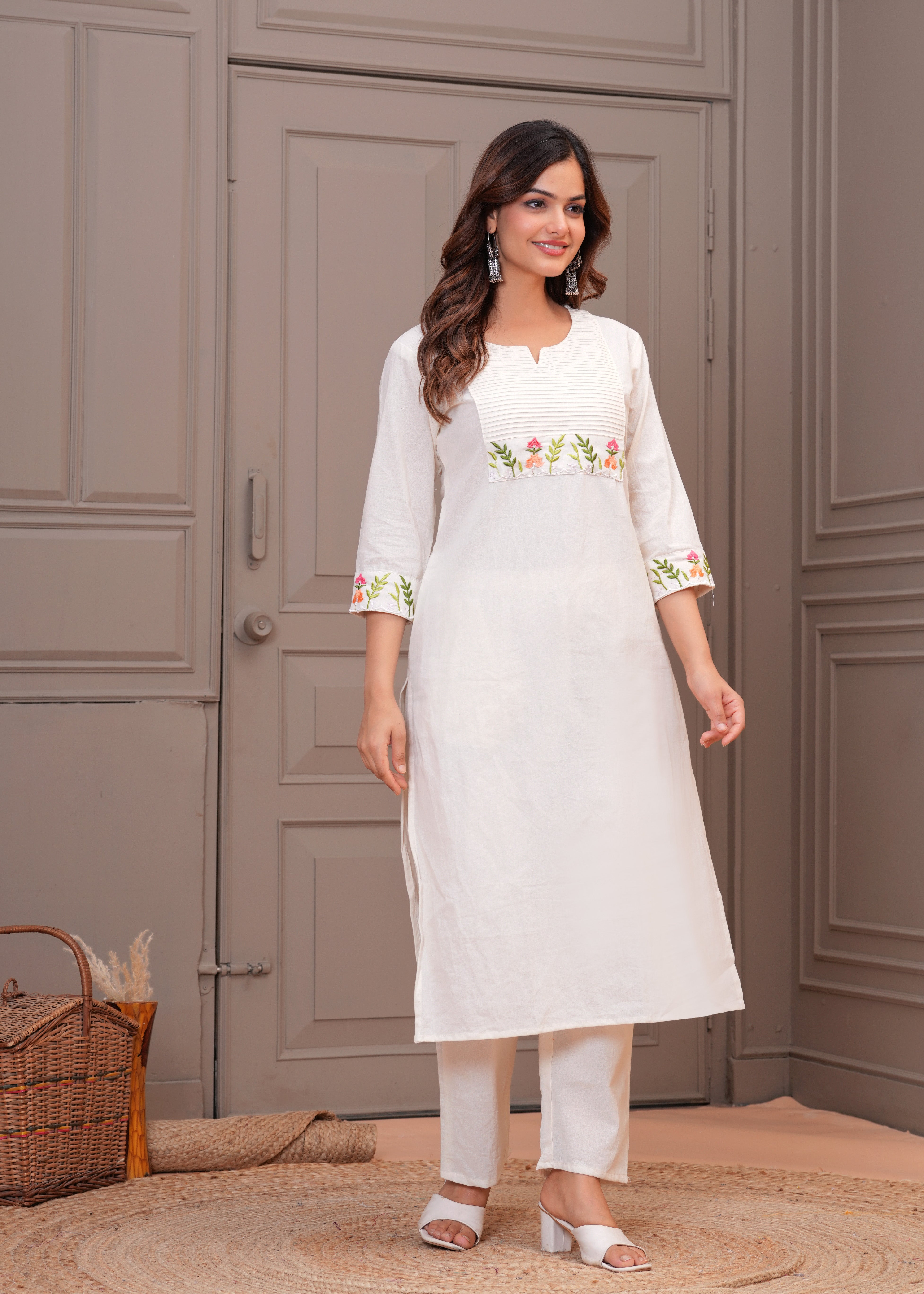 Off White Embroidered Cotton Kurta and Pant Set