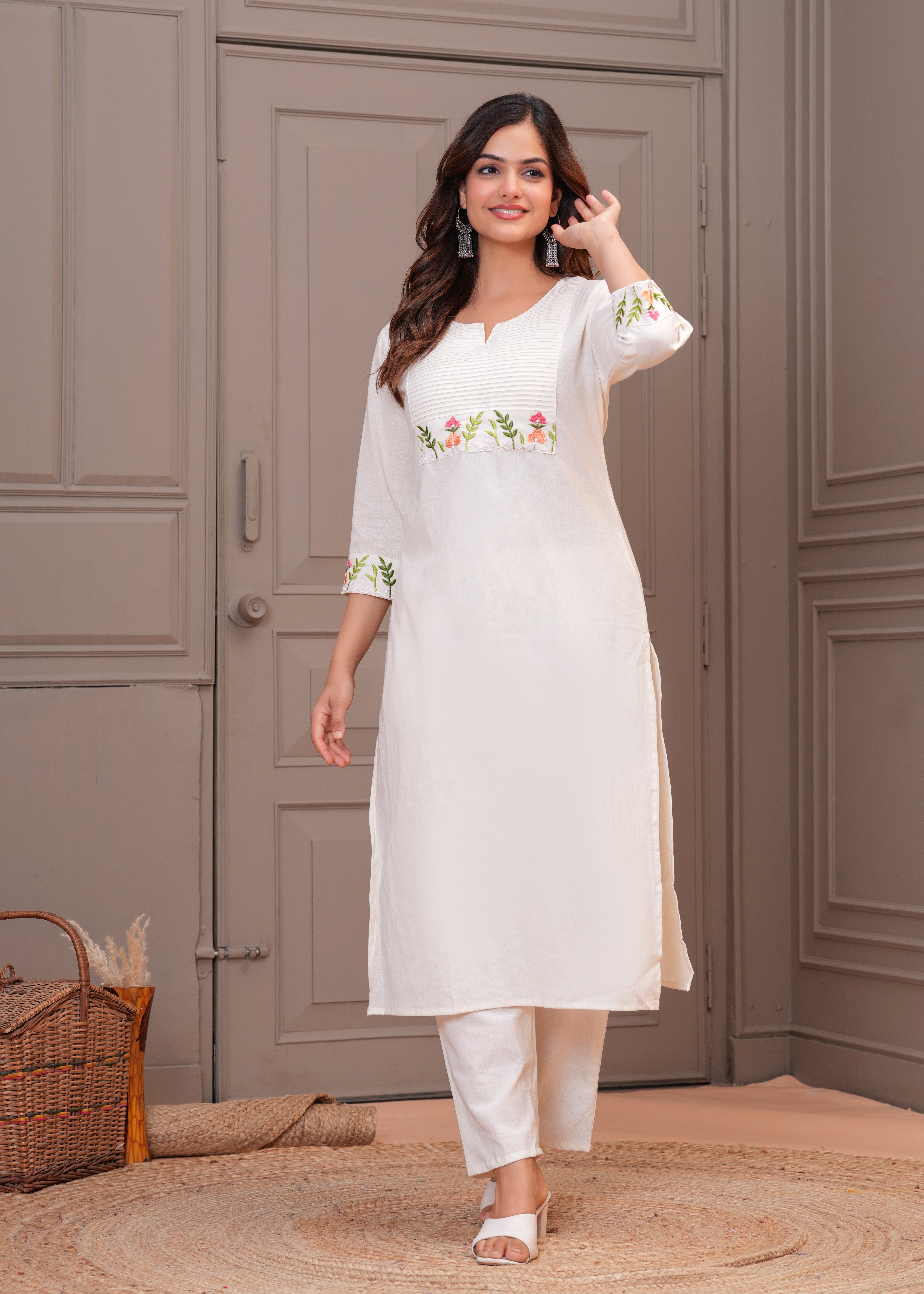 Off White Embroidered Cotton Kurta and Pant Set