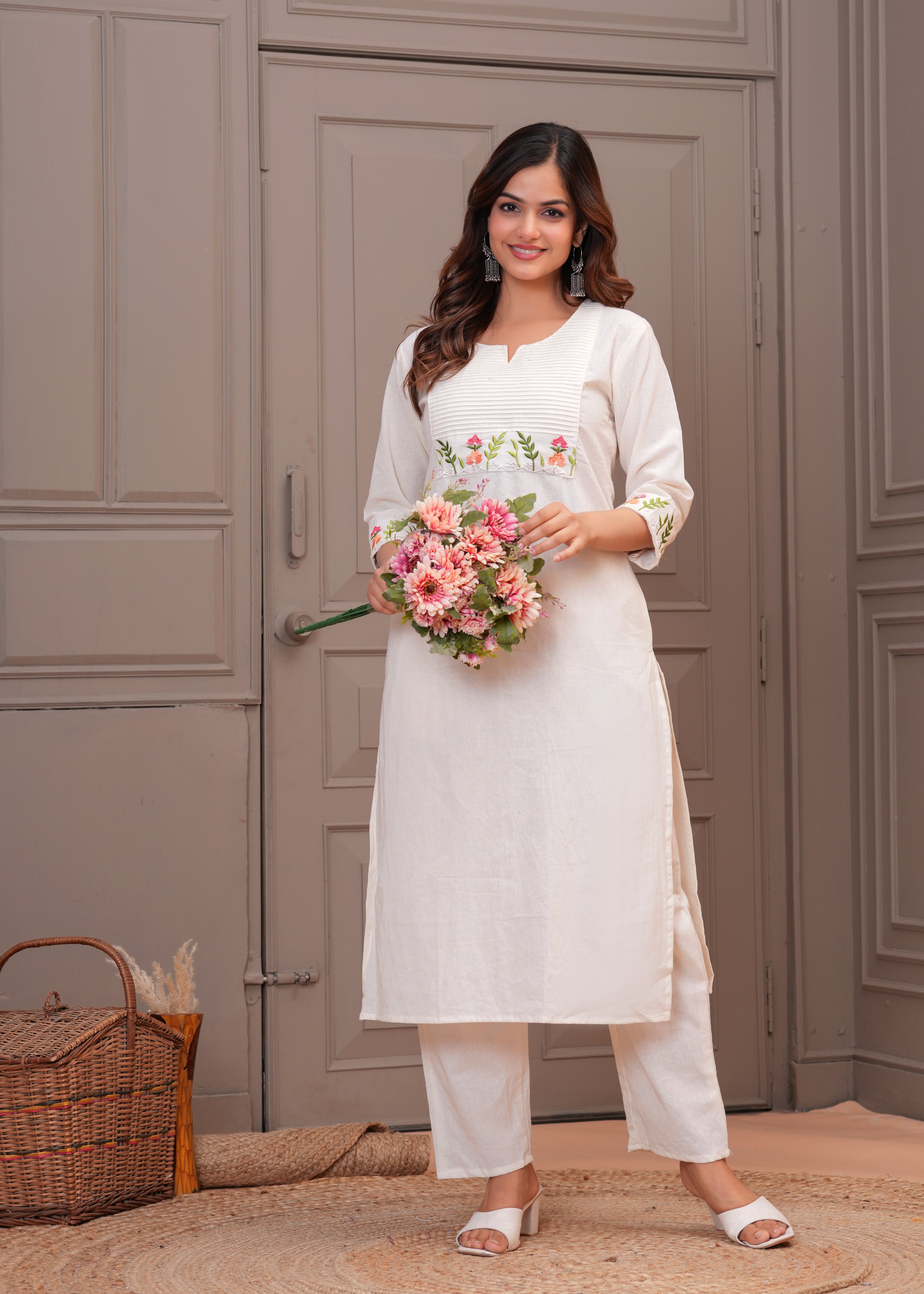Off White Embroidered Cotton Kurta and Pant Set