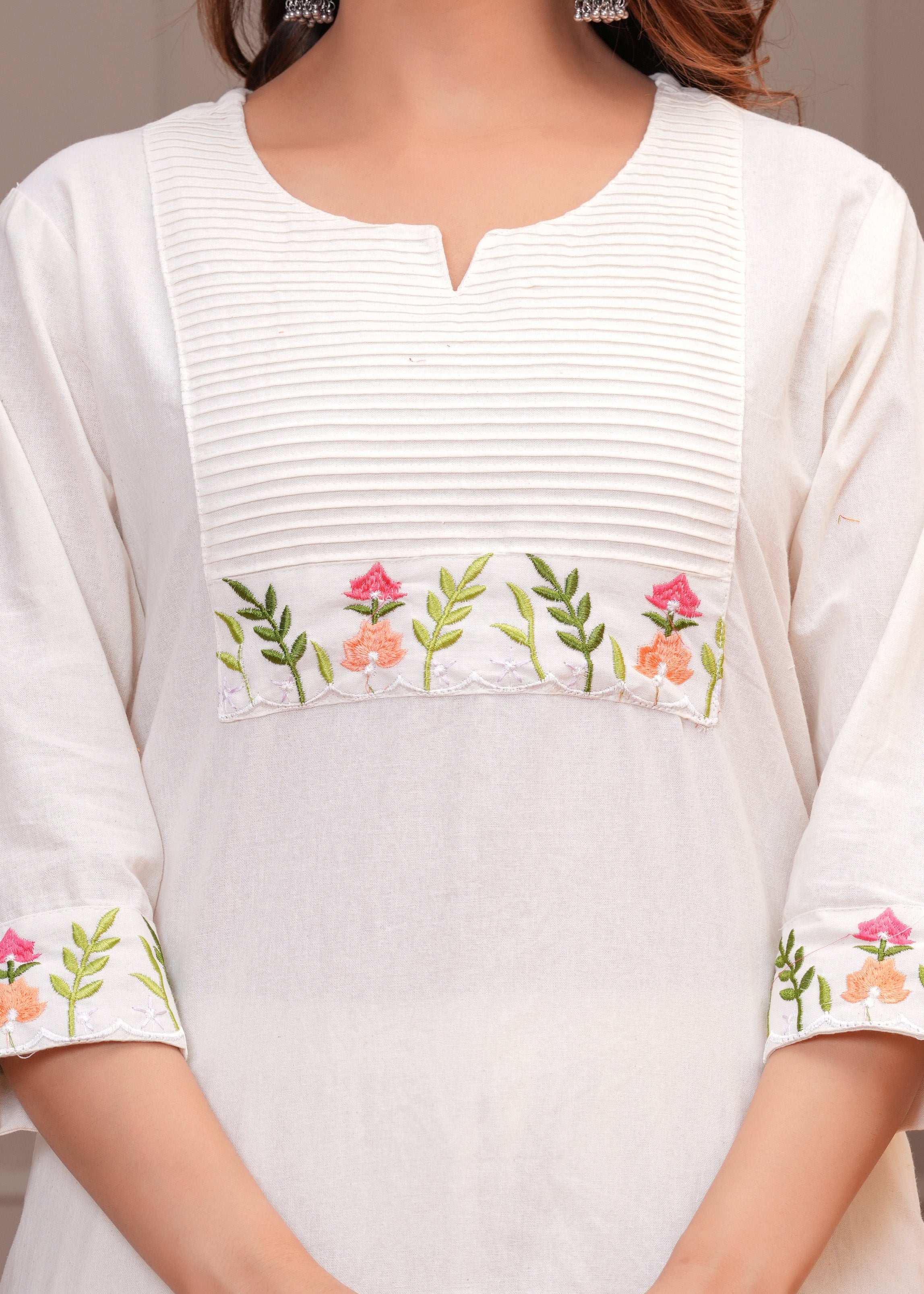 Off White Embroidered Cotton Kurta and Pant Set