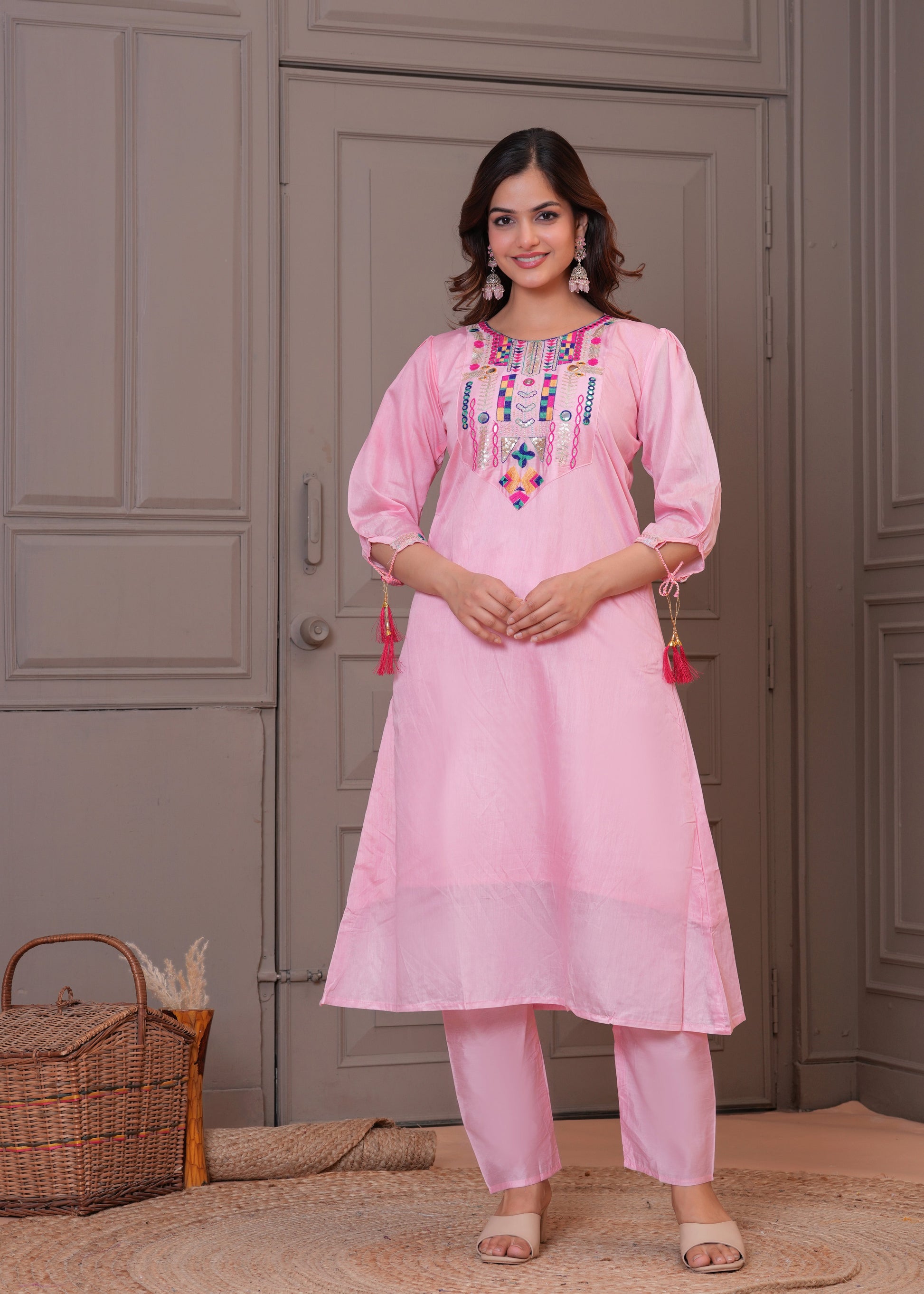 Light Pink Embroidered Chanderi Suit Set with Dupatta