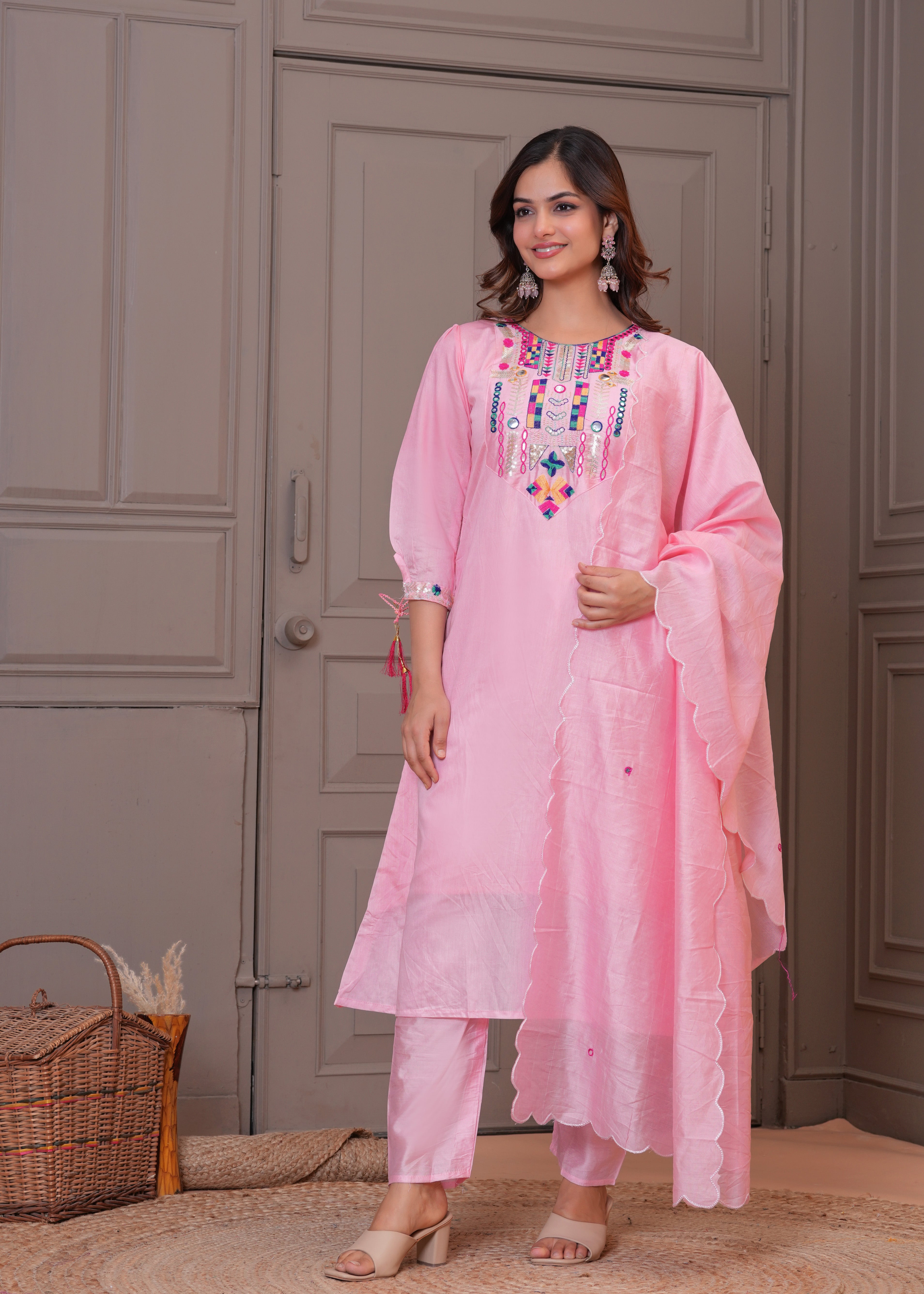 Light Pink Embroidered Chanderi Suit Set with Dupatta