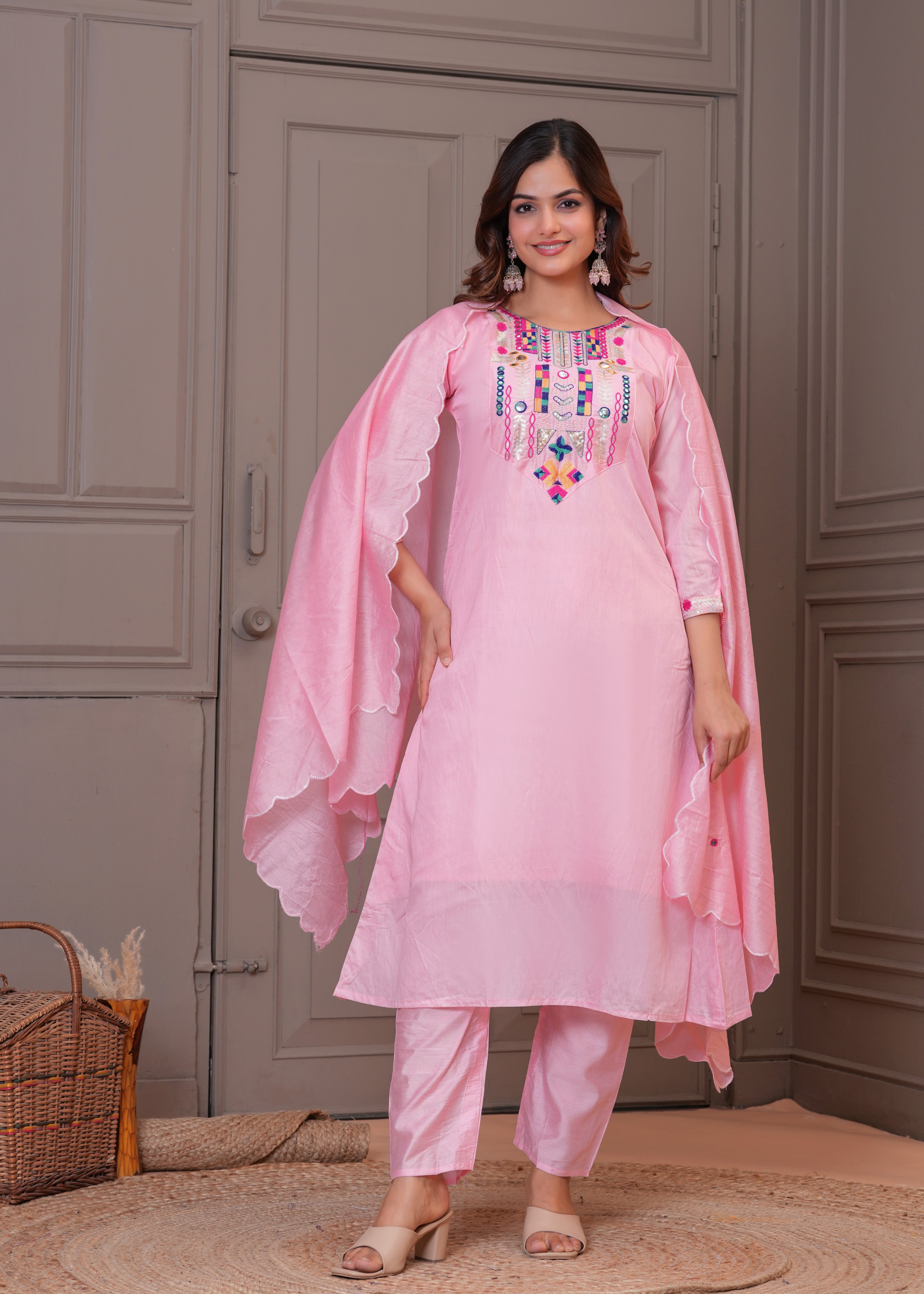 Light Pink Embroidered Chanderi Suit Set with Dupatta
