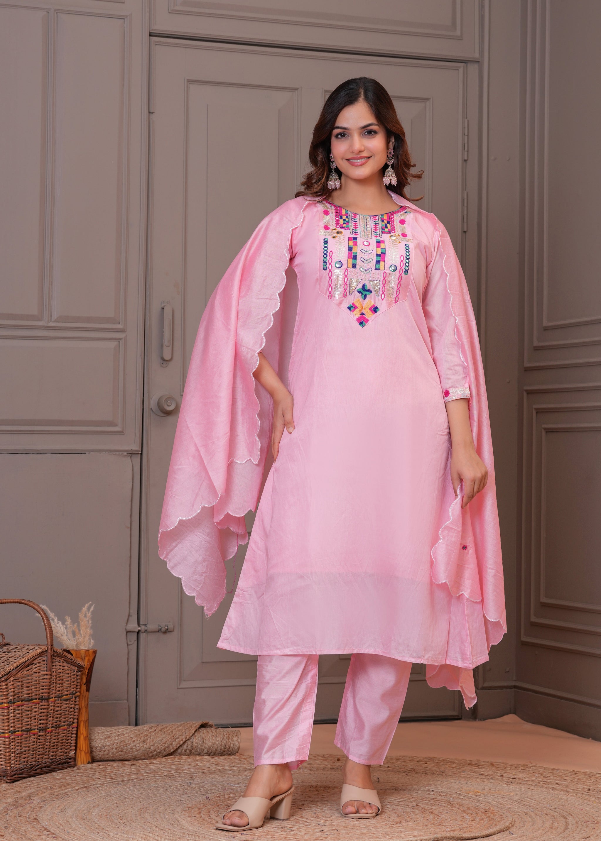 Light Pink Embroidered Chanderi Suit Set with Dupatta