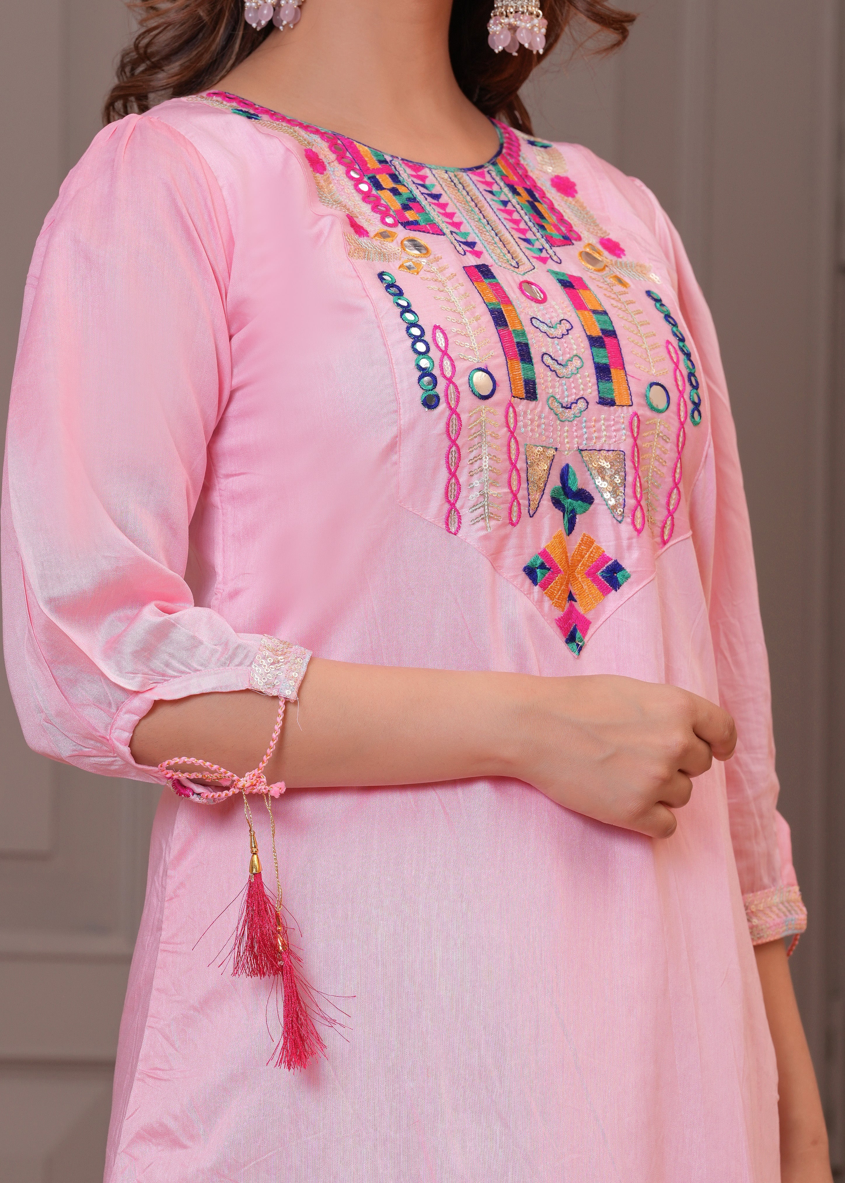 Light Pink Embroidered Chanderi Suit Set with Dupatta