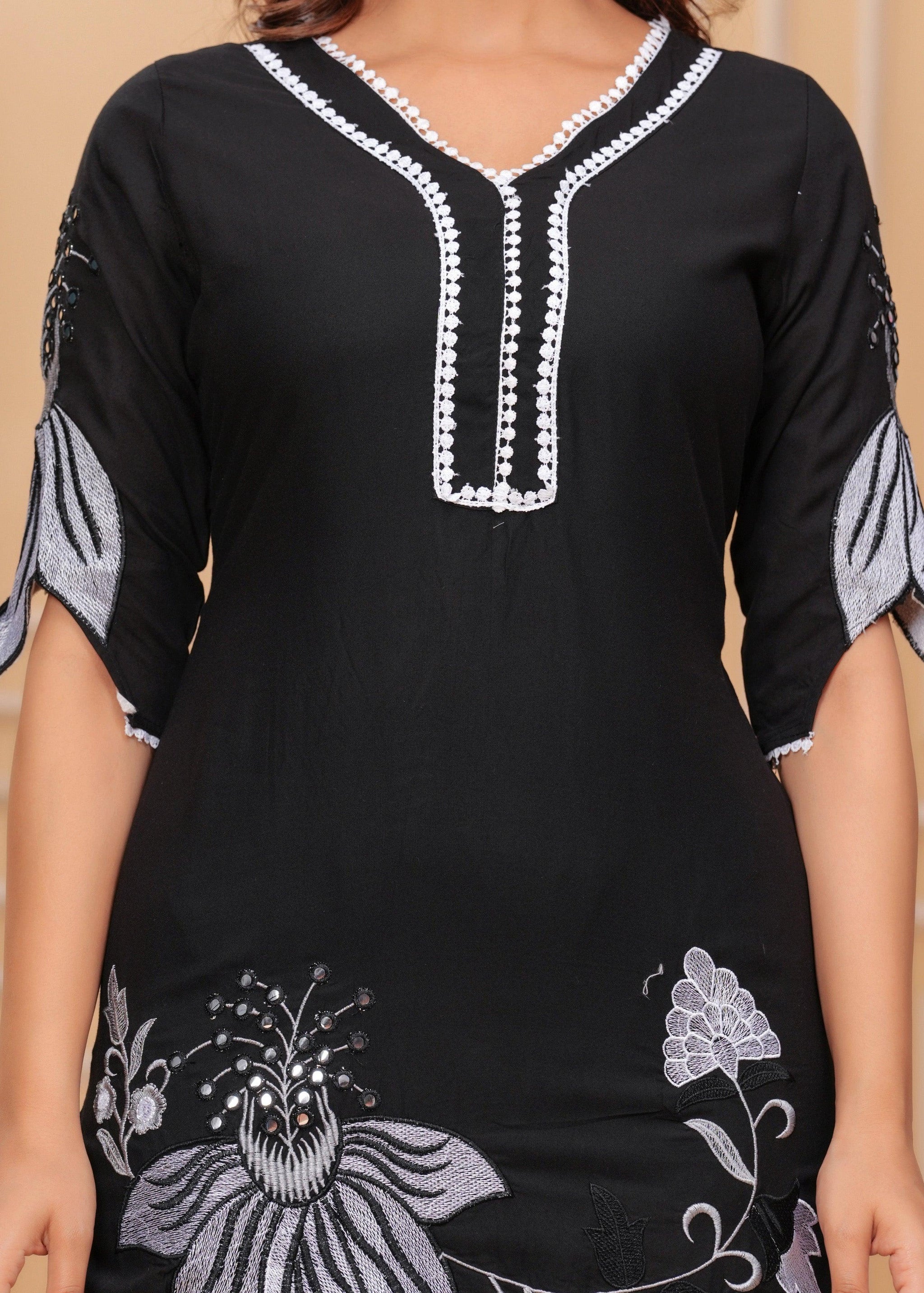 Black Embroidered Rayon Kurta and Pant Set