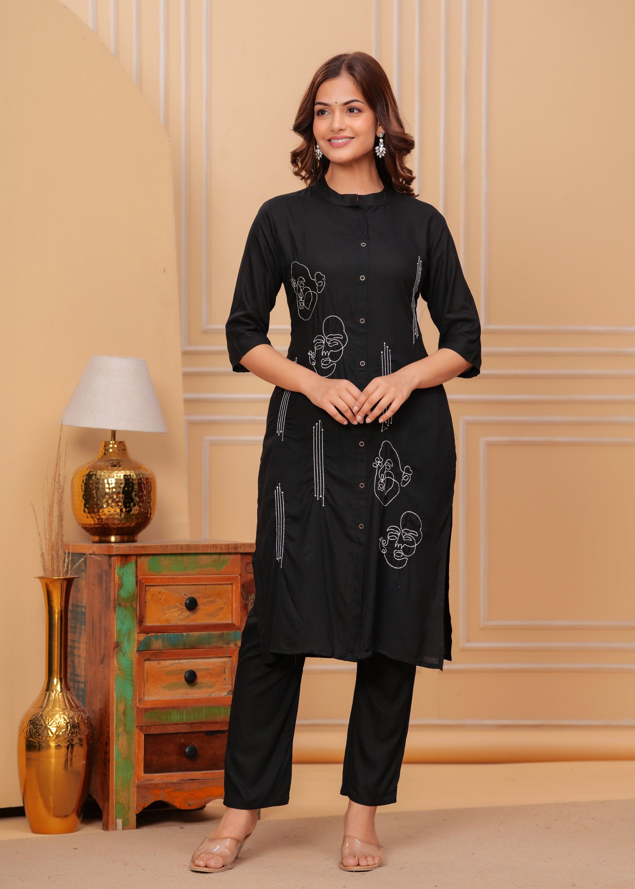 Black Embroidered Rayon Kurta and Pant Set