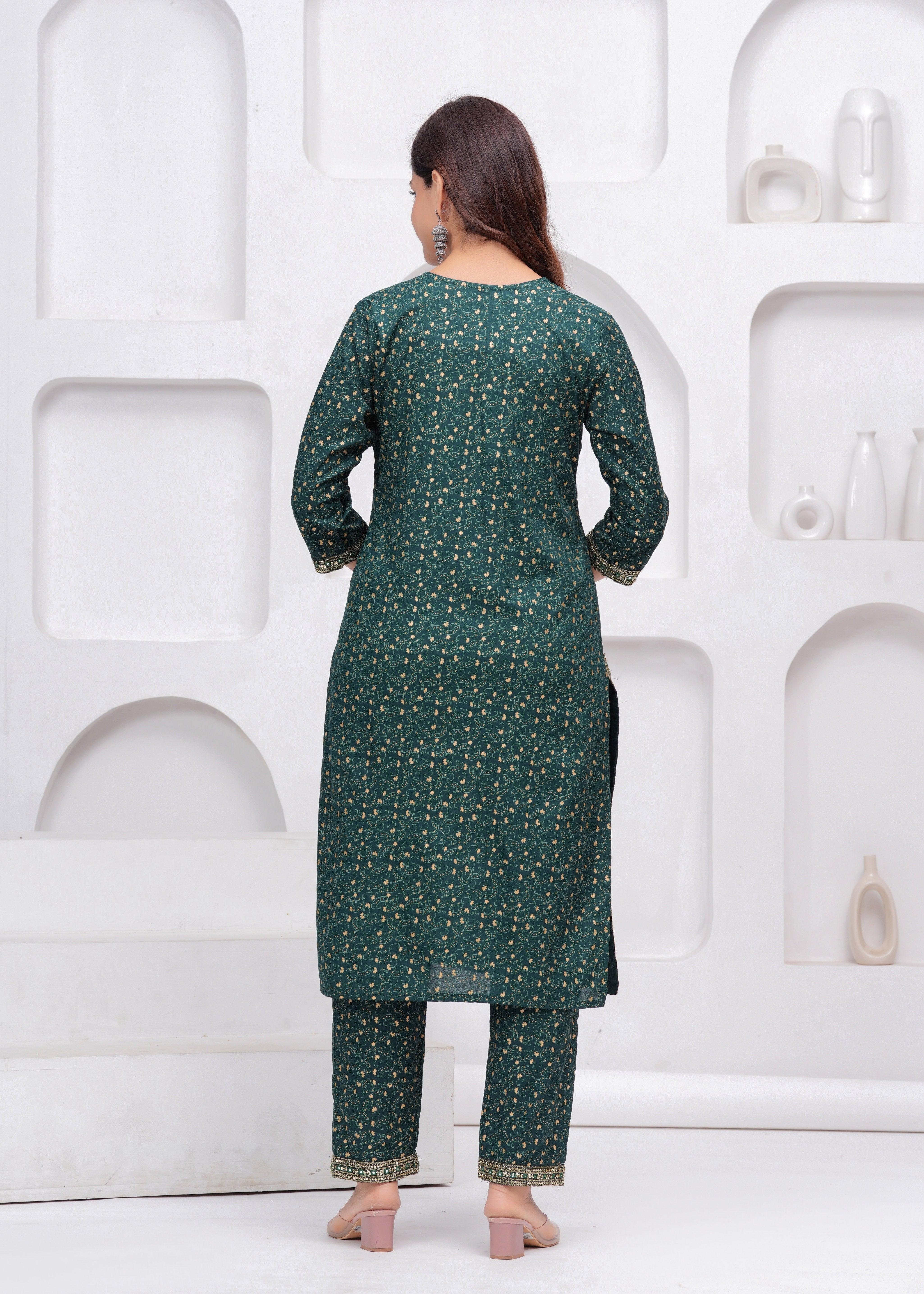 Dark Green Sequence Embroidered Rayon Kurta and Pant Set with Mulmul Dupatta