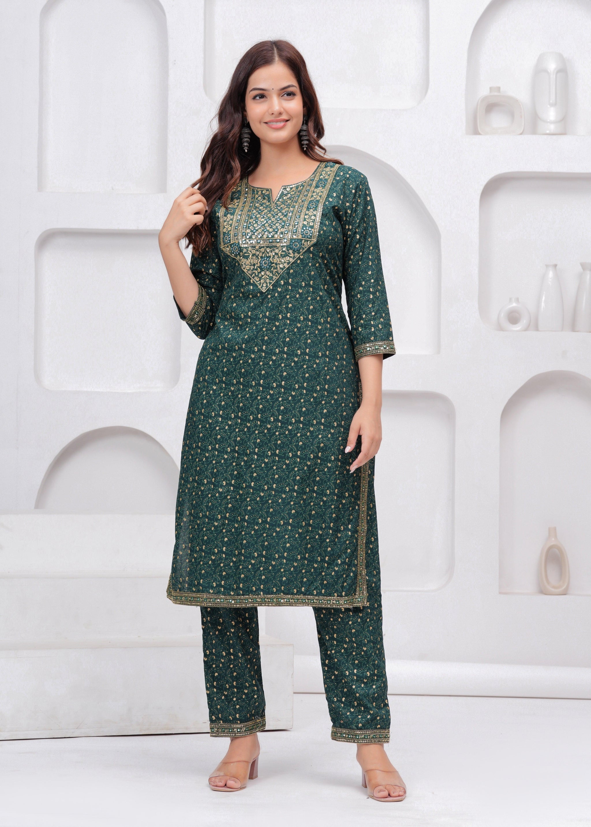 Dark Green Sequence Embroidered Rayon Kurta and Pant Set with Mulmul Dupatta