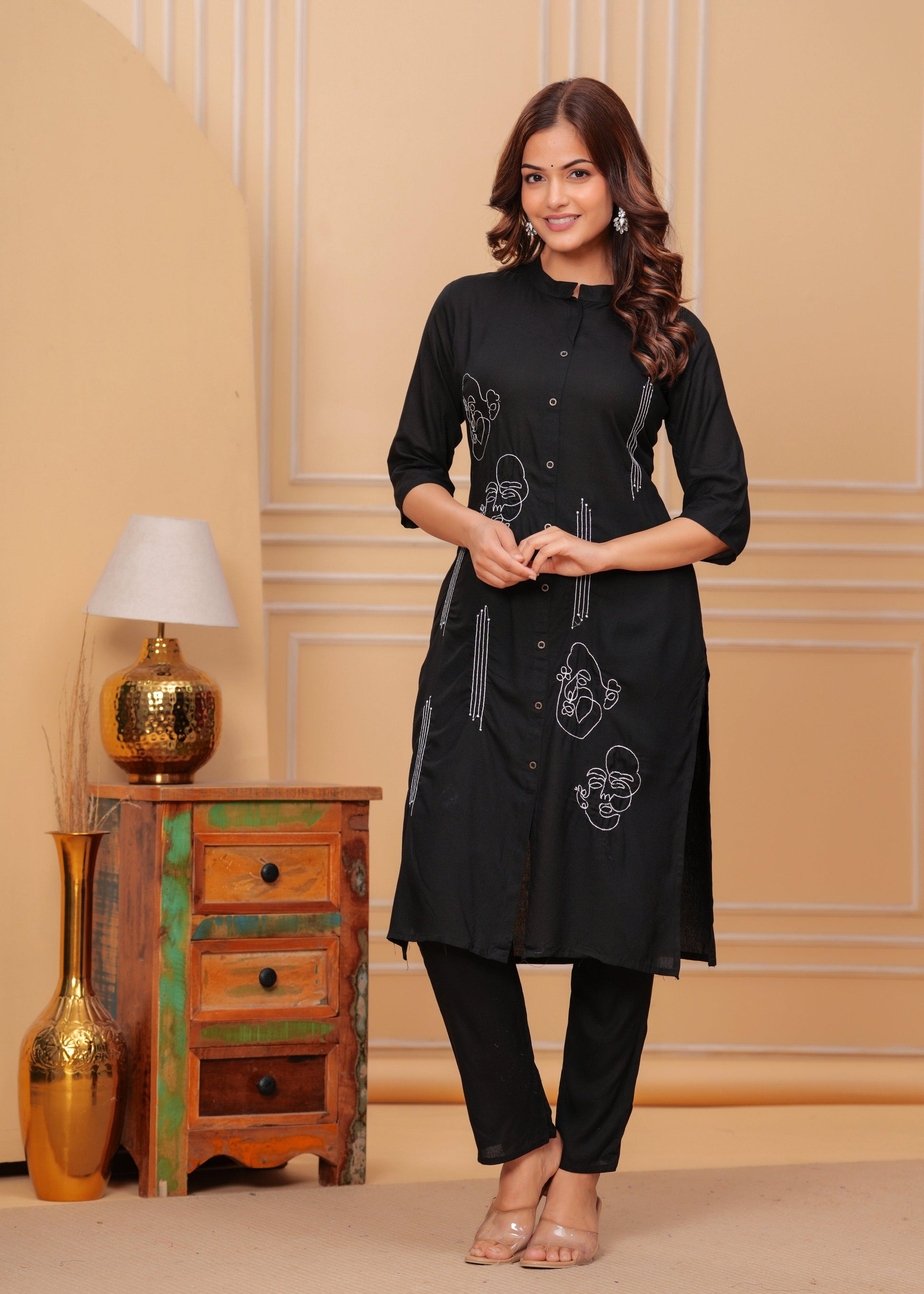 Black Embroidered Rayon Kurta and Pant Set
