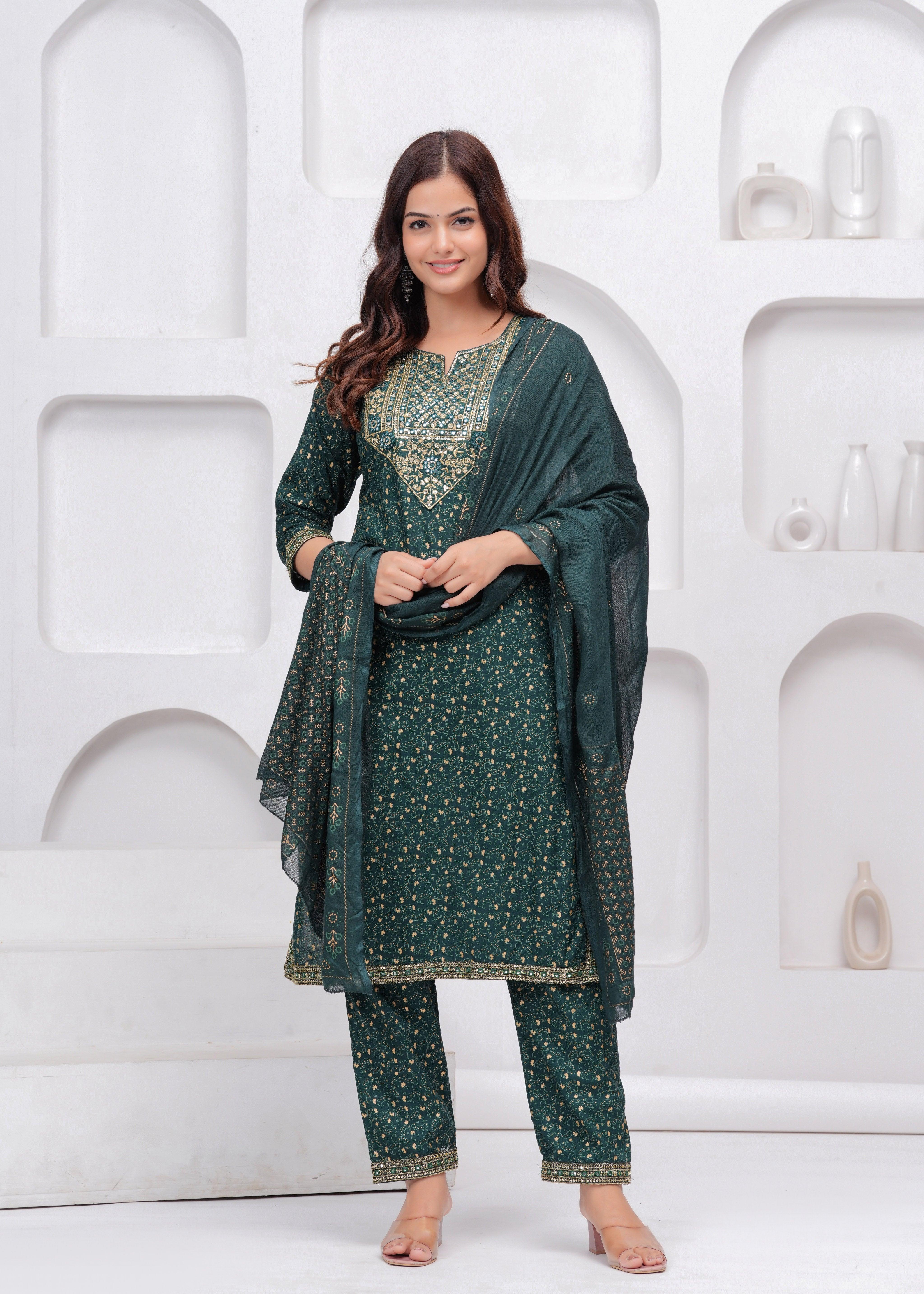 Dark Green Sequence Embroidered Rayon Kurta and Pant Set with Mulmul Dupatta