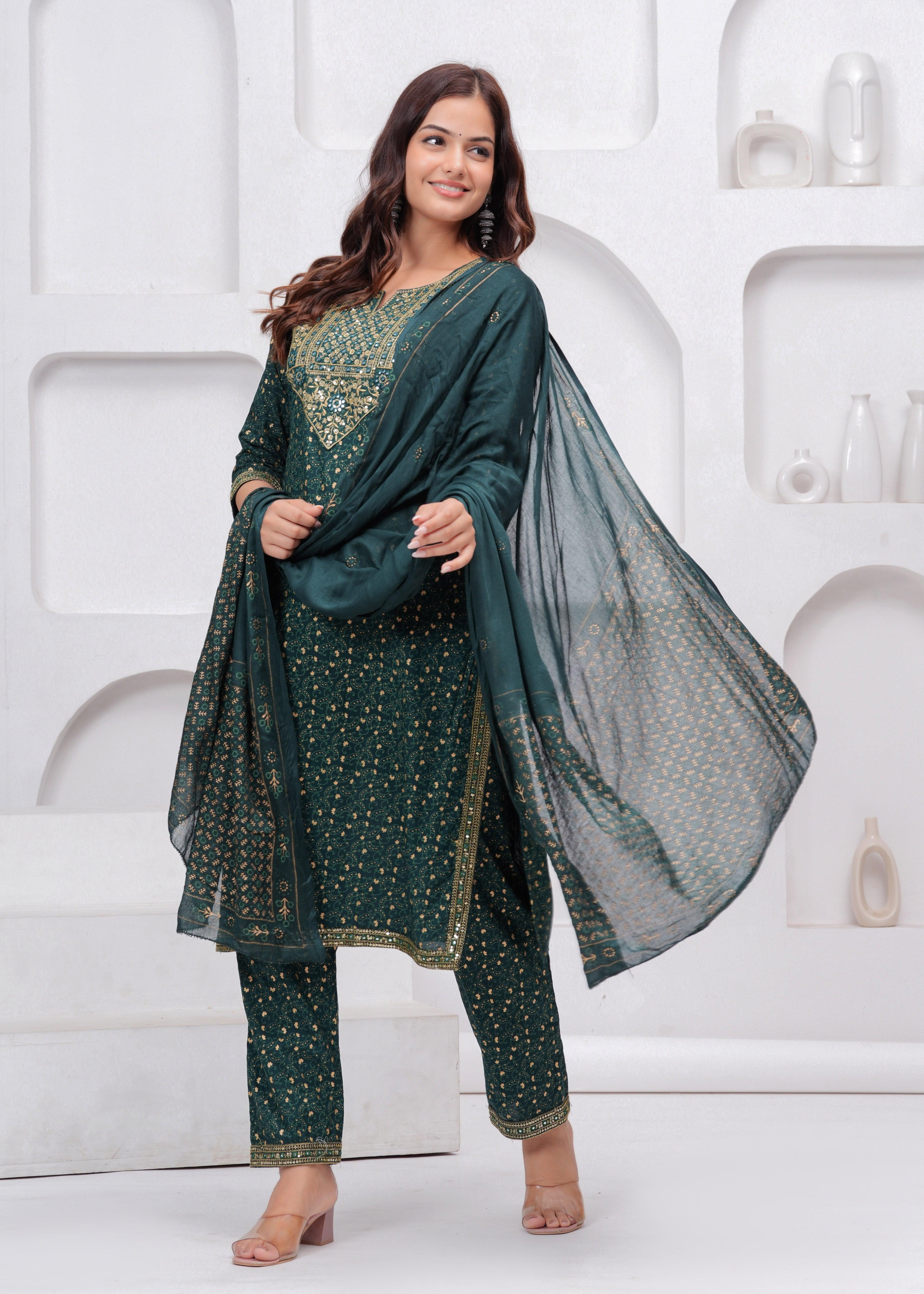 Dark Green Sequence Embroidered Rayon Kurta and Pant Set with Mulmul Dupatta