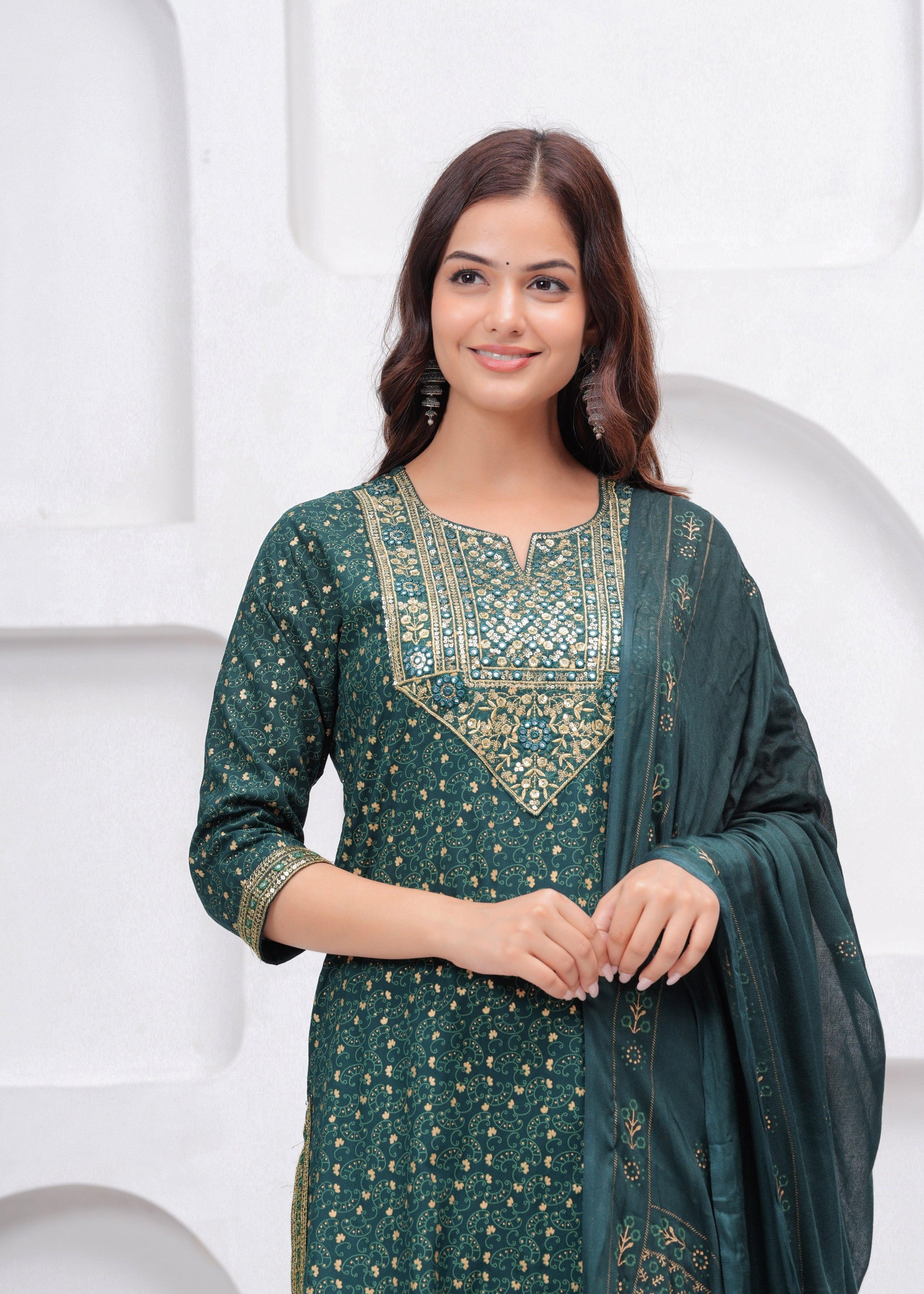 Dark Green Sequence Embroidered Rayon Kurta and Pant Set with Mulmul Dupatta