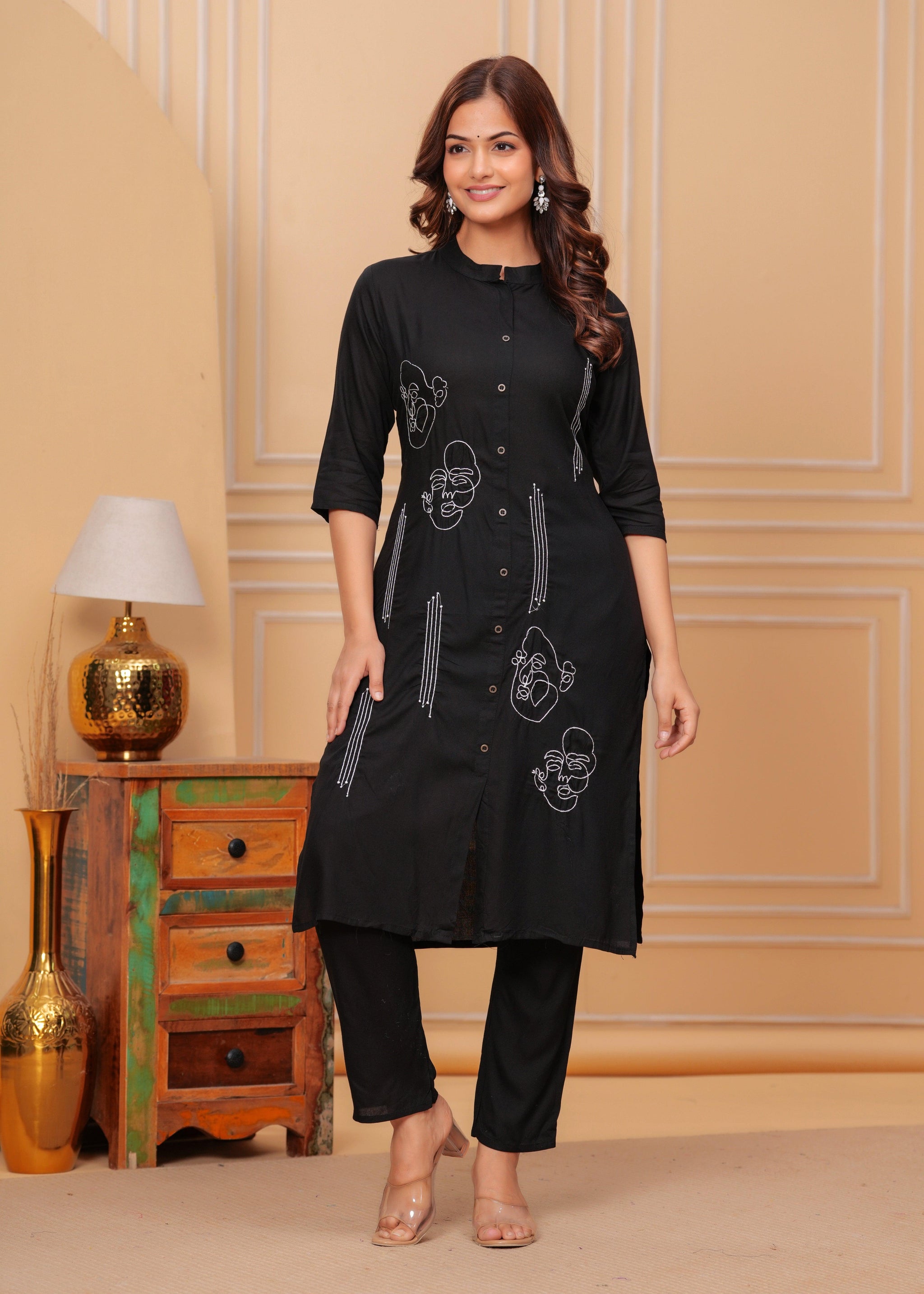 Black Embroidered Rayon Kurta and Pant Set