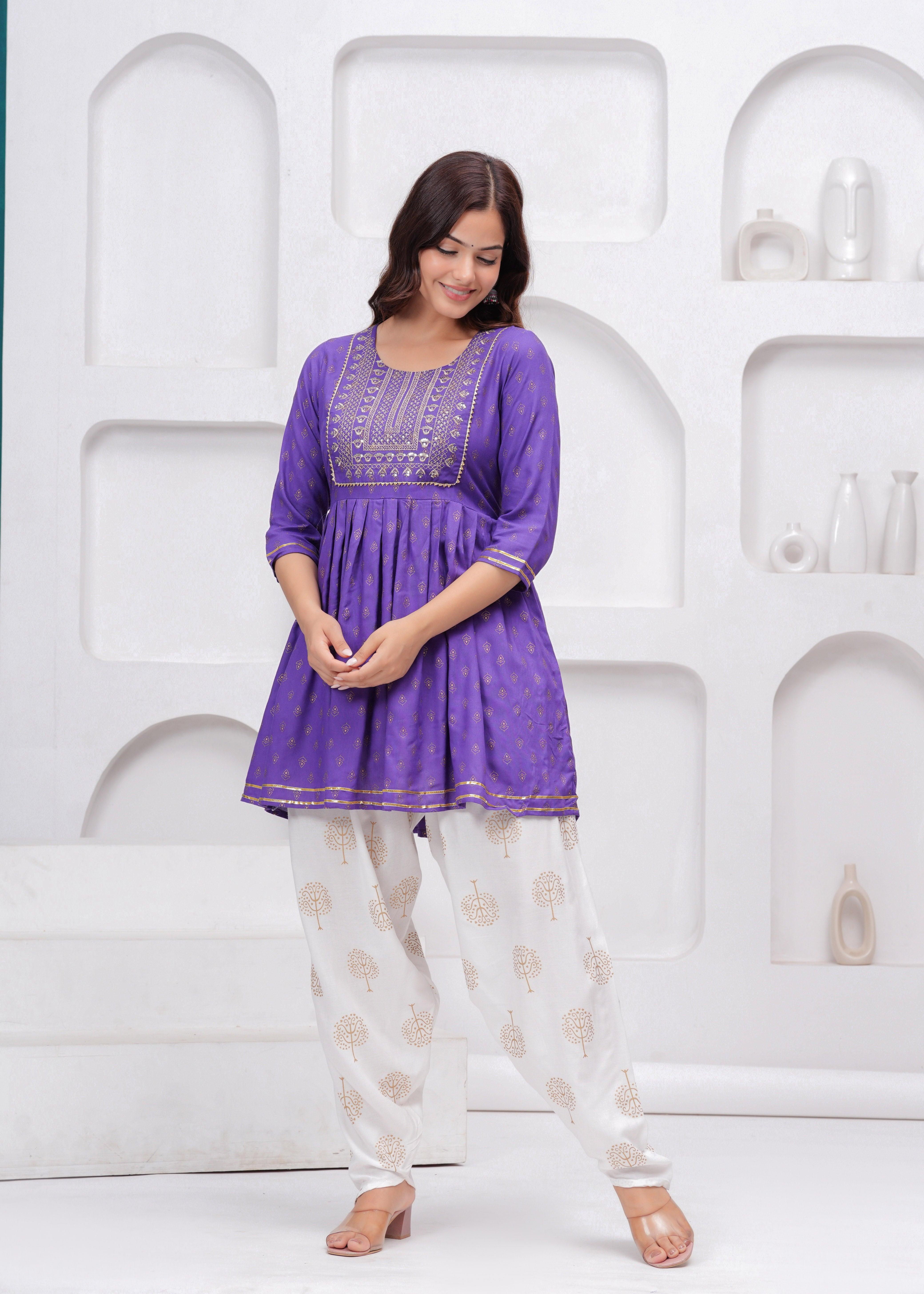 Purple Sequence Embroidered Short Kurta with Dhoti Pants