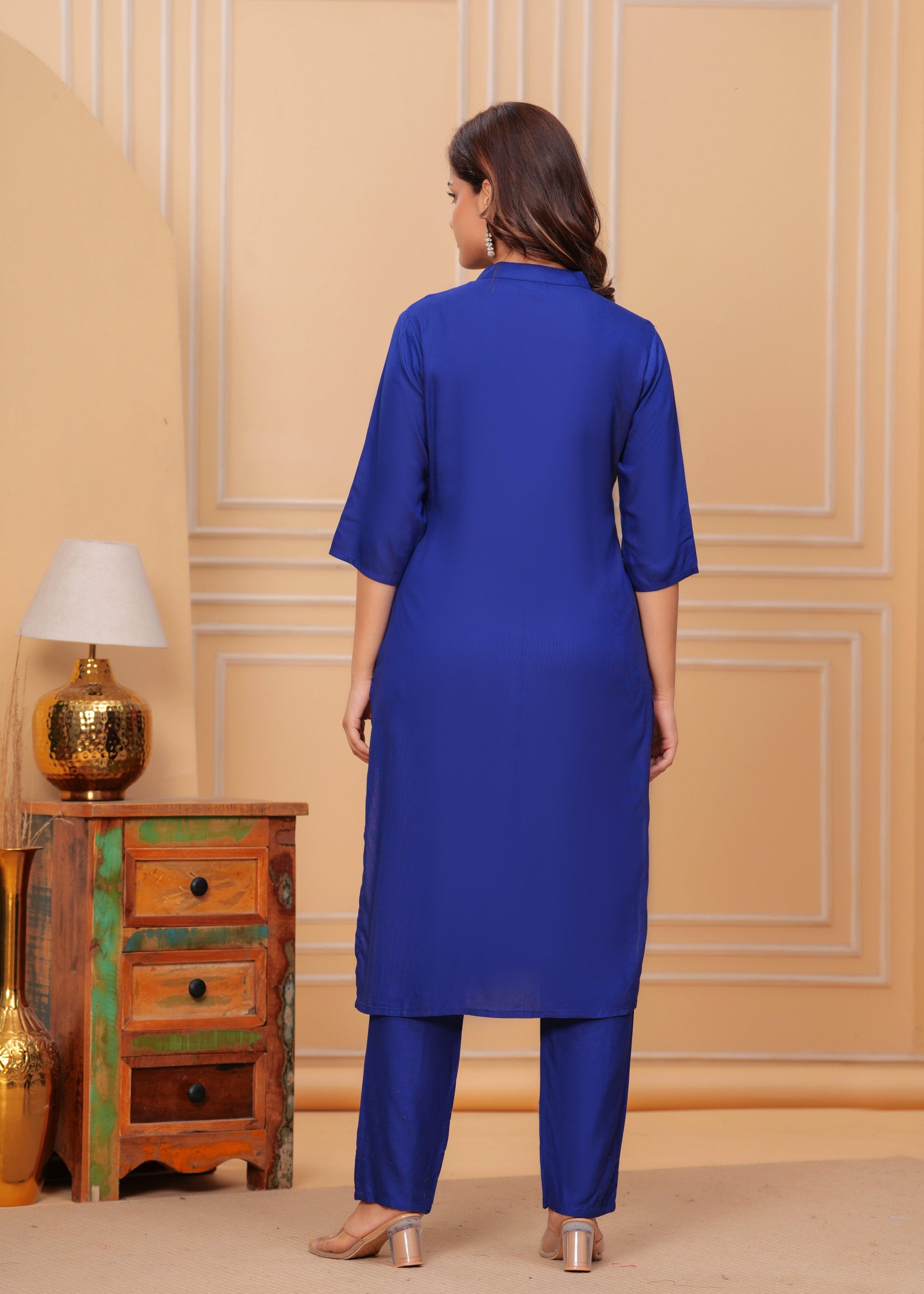 Blue Embroidered Rayon Kurta and Pant Set