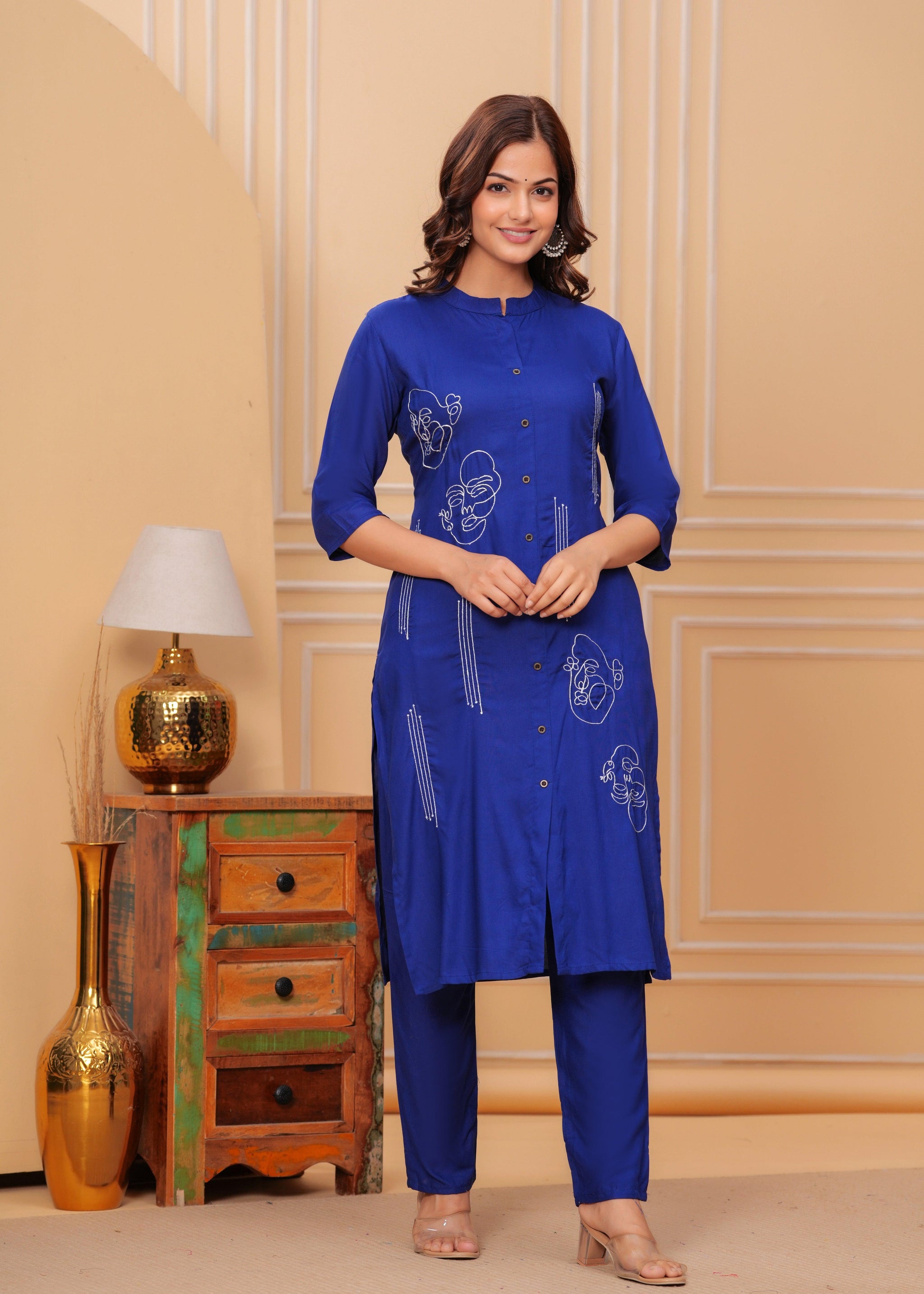 Blue Embroidered Rayon Kurta and Pant Set