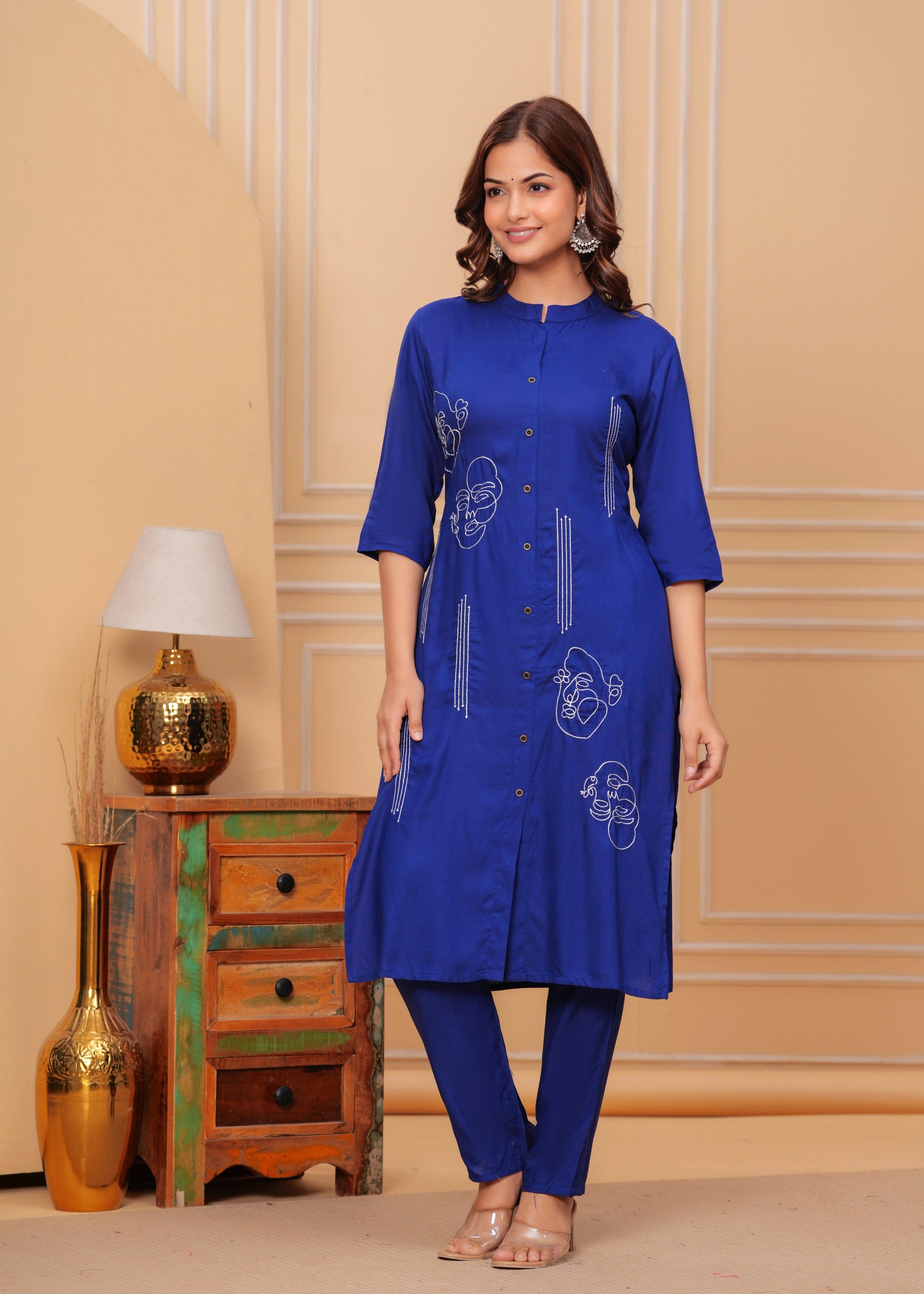 Blue Embroidered Rayon Kurta and Pant Set