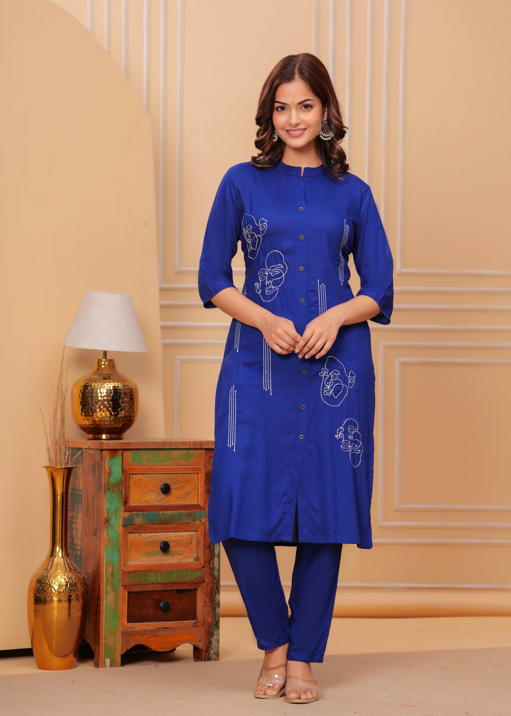 Blue Embroidered Rayon Kurta and Pant Set