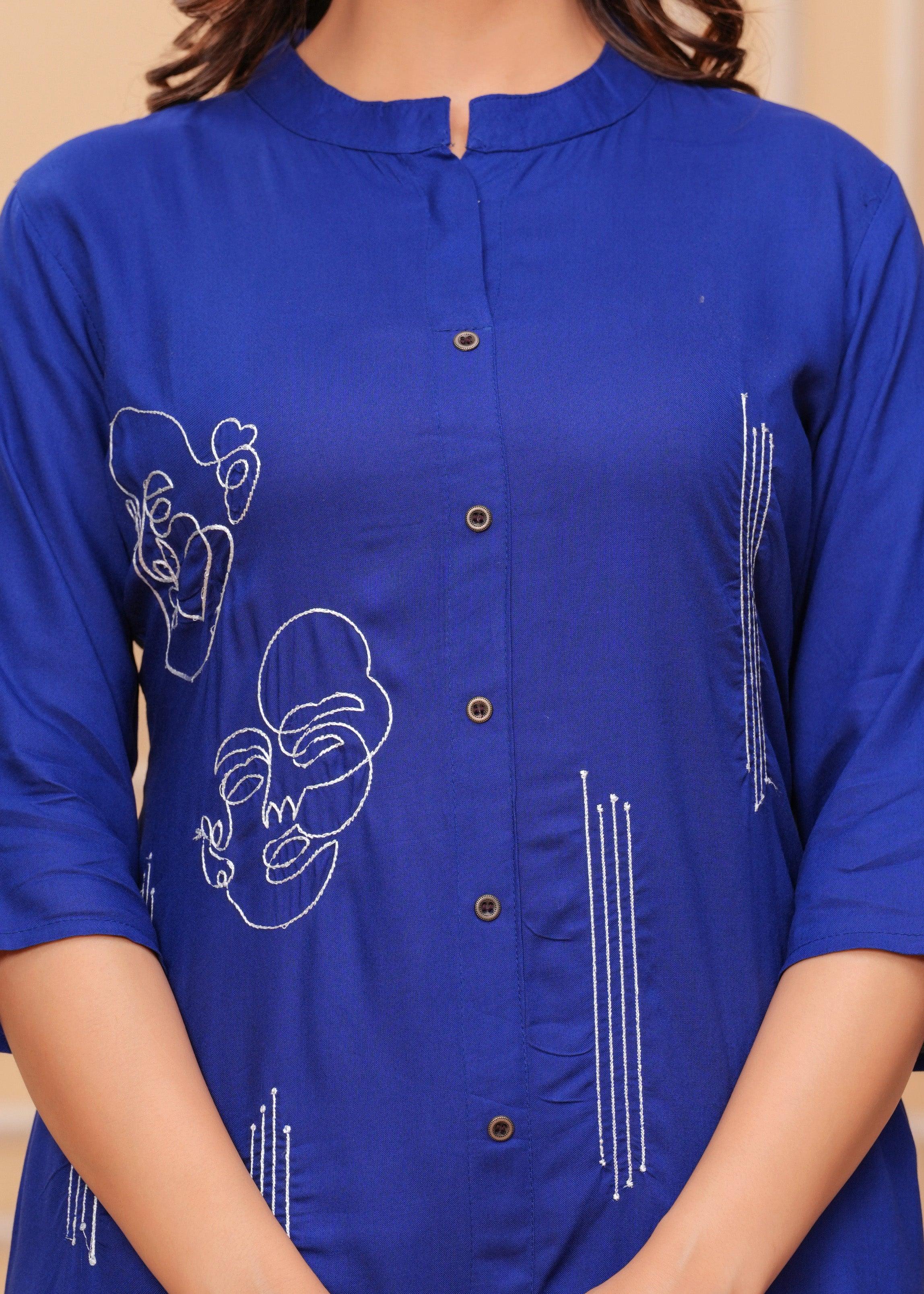 Blue Embroidered Rayon Kurta and Pant Set
