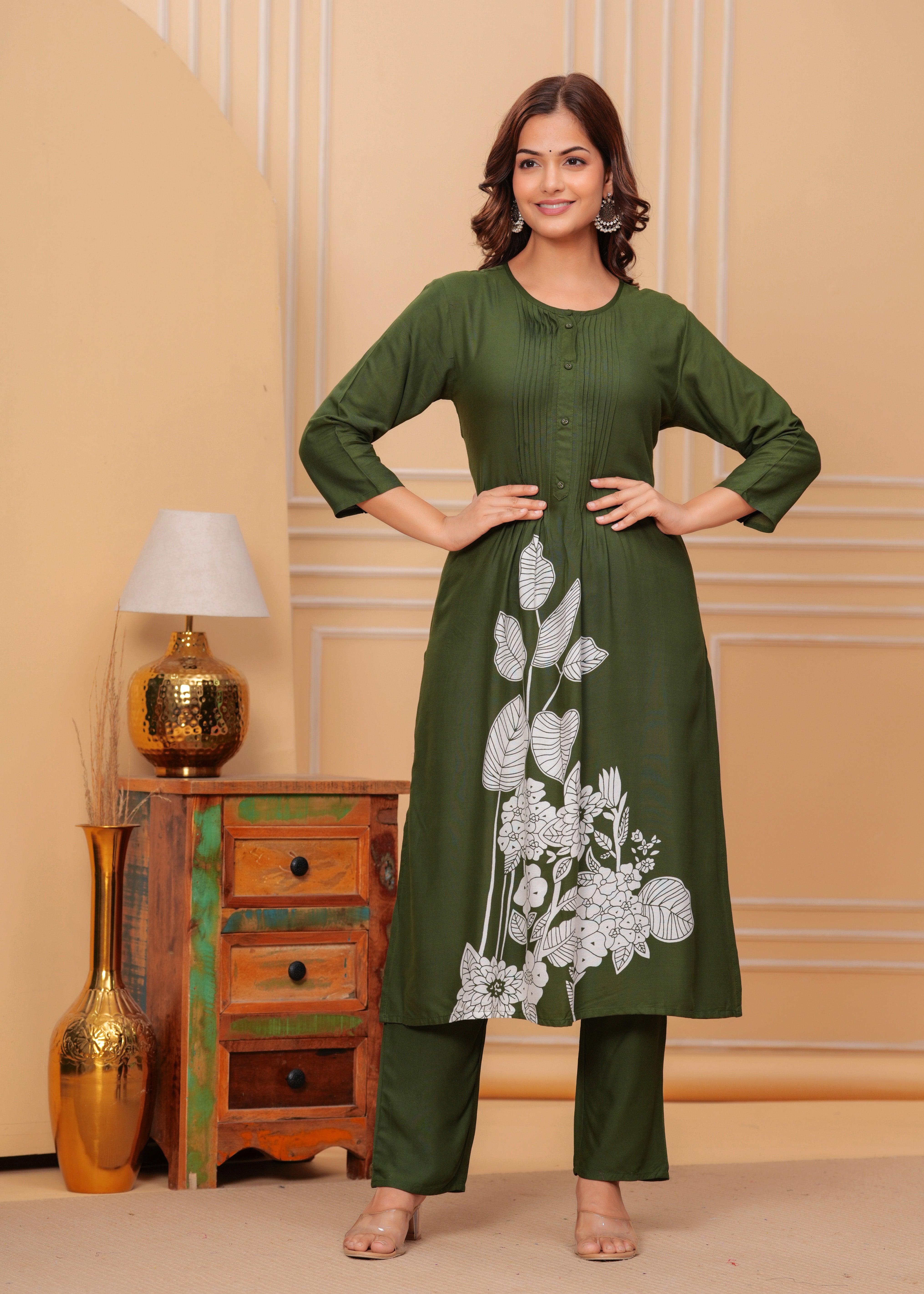 Camo Green Printed Rayon Suit Set